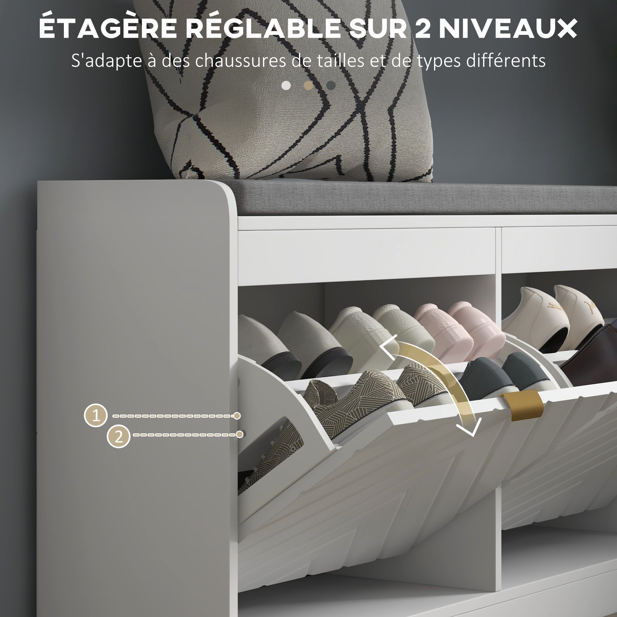 Banc à chaussures, banc de rangement étroit, assise rembourrée, porte motifs de lignes en relief, tiroir rabattable et étagère réglable, pour entrée, couloir, 106 x 24 x 52,5 cm, blanc