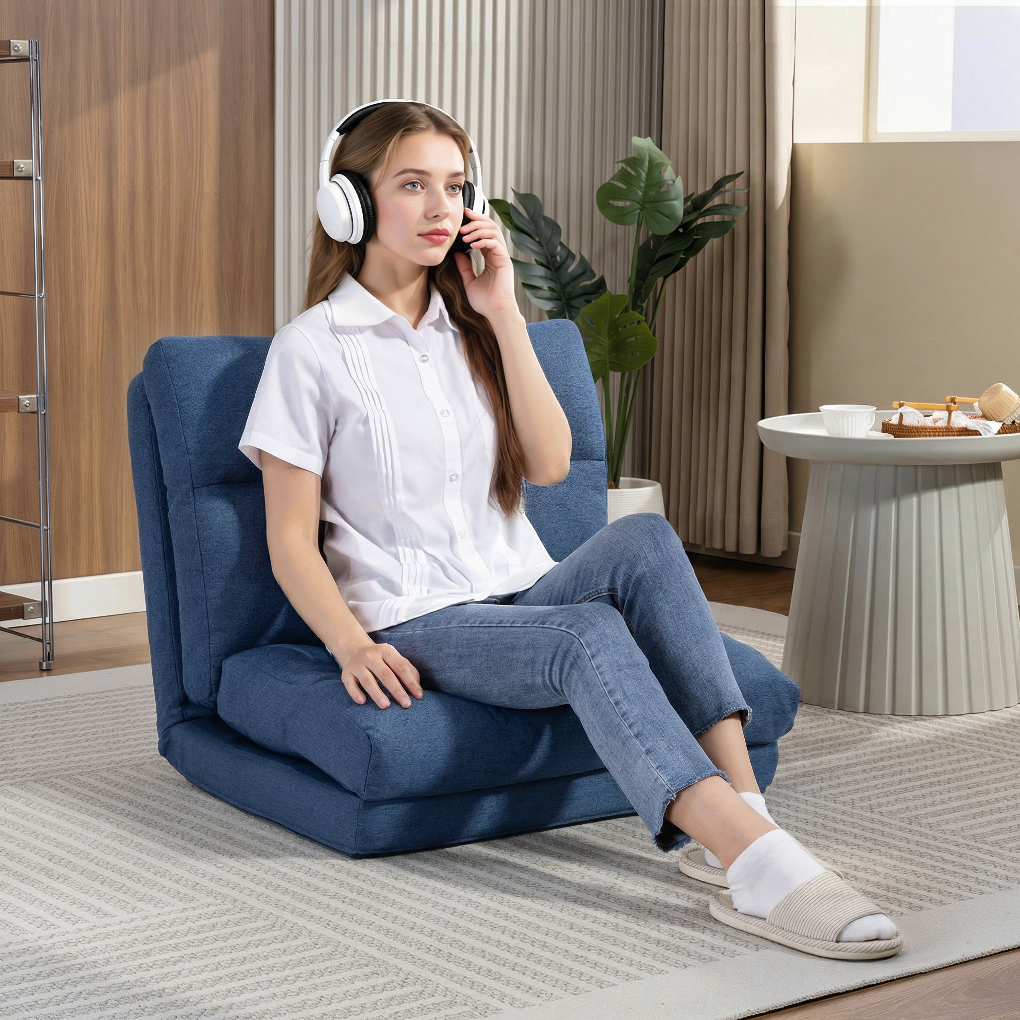 Canapé paresseux chauffeuse 1 place fauteuil paresseux convertible en lit fauteuil salon avec dossier inclinable sur 5 positions, charge 120 Kg, pour salon chambre et bureau, 70x72x56 cm, bleu