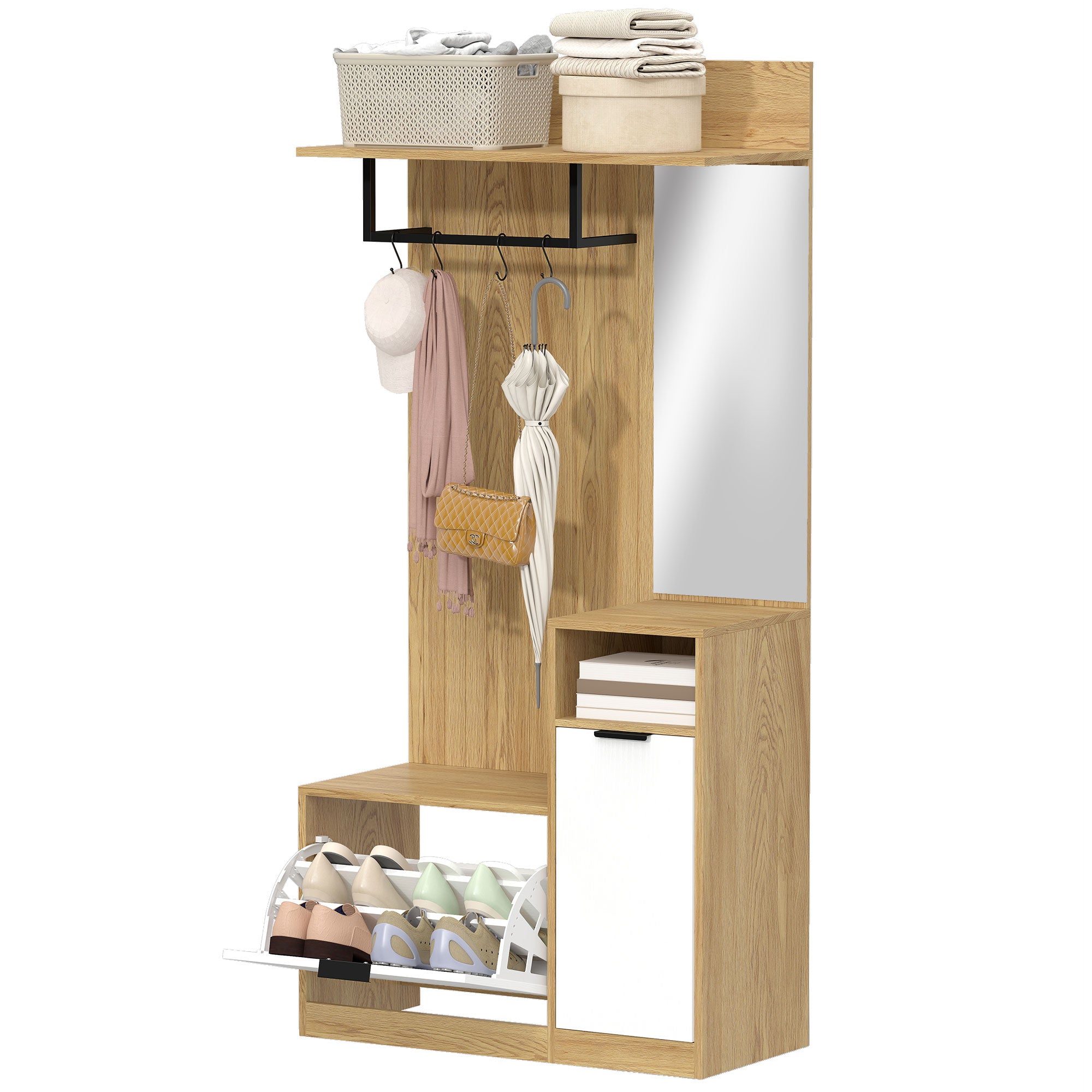 Meuble d'entrée 6 en 1, vestiaire d'entrée avec banc à chaussures rabattable, miroir, étagères, placard et patère, style moderne, porte-manteau pour couloir, chambre, salon, 80x37x168cm, chêne