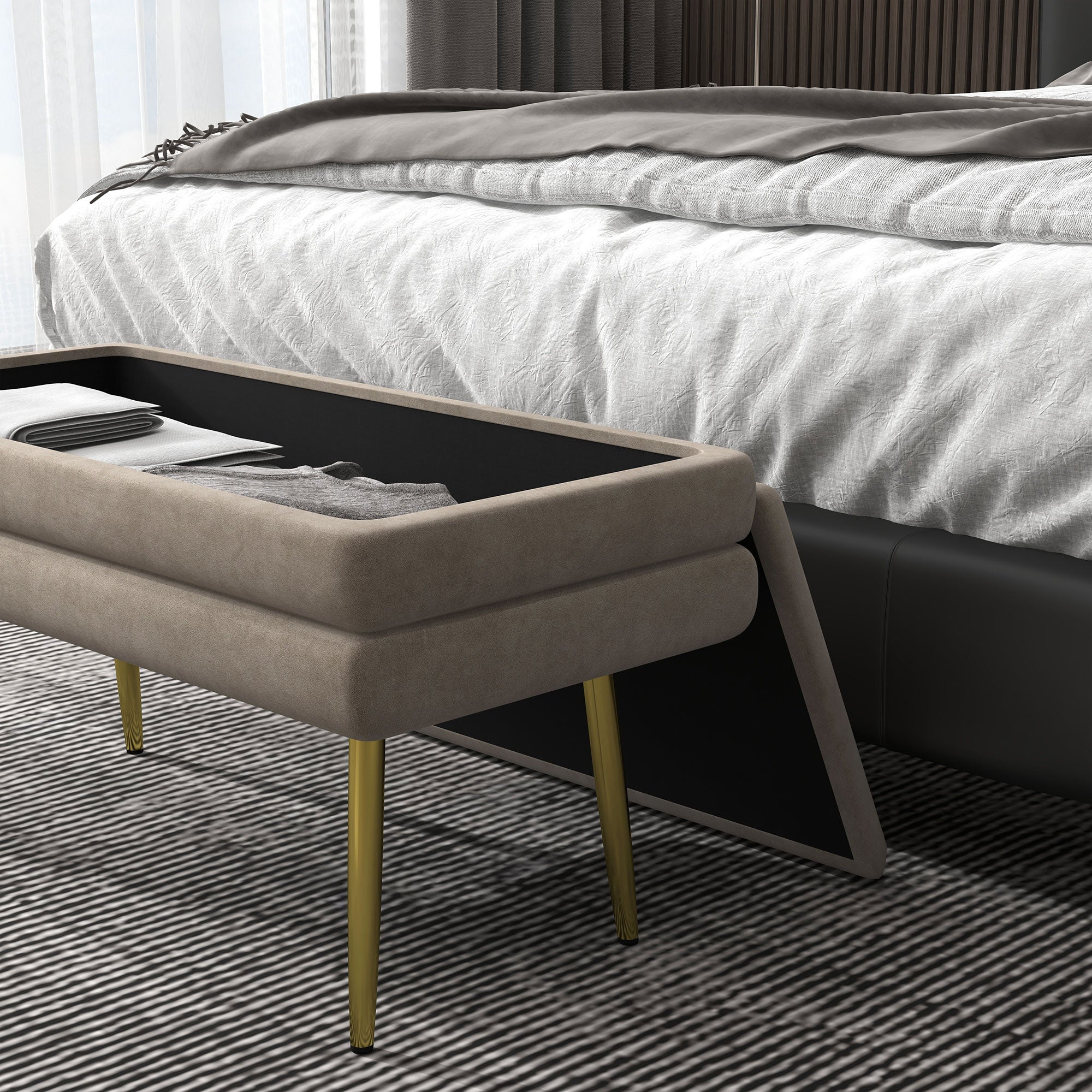 Banc de rangement, bout de lit, coffre de rangement avec assise aspect velours et pieds acier, 79,5 x 37,5 x 43 cm, beige et doré