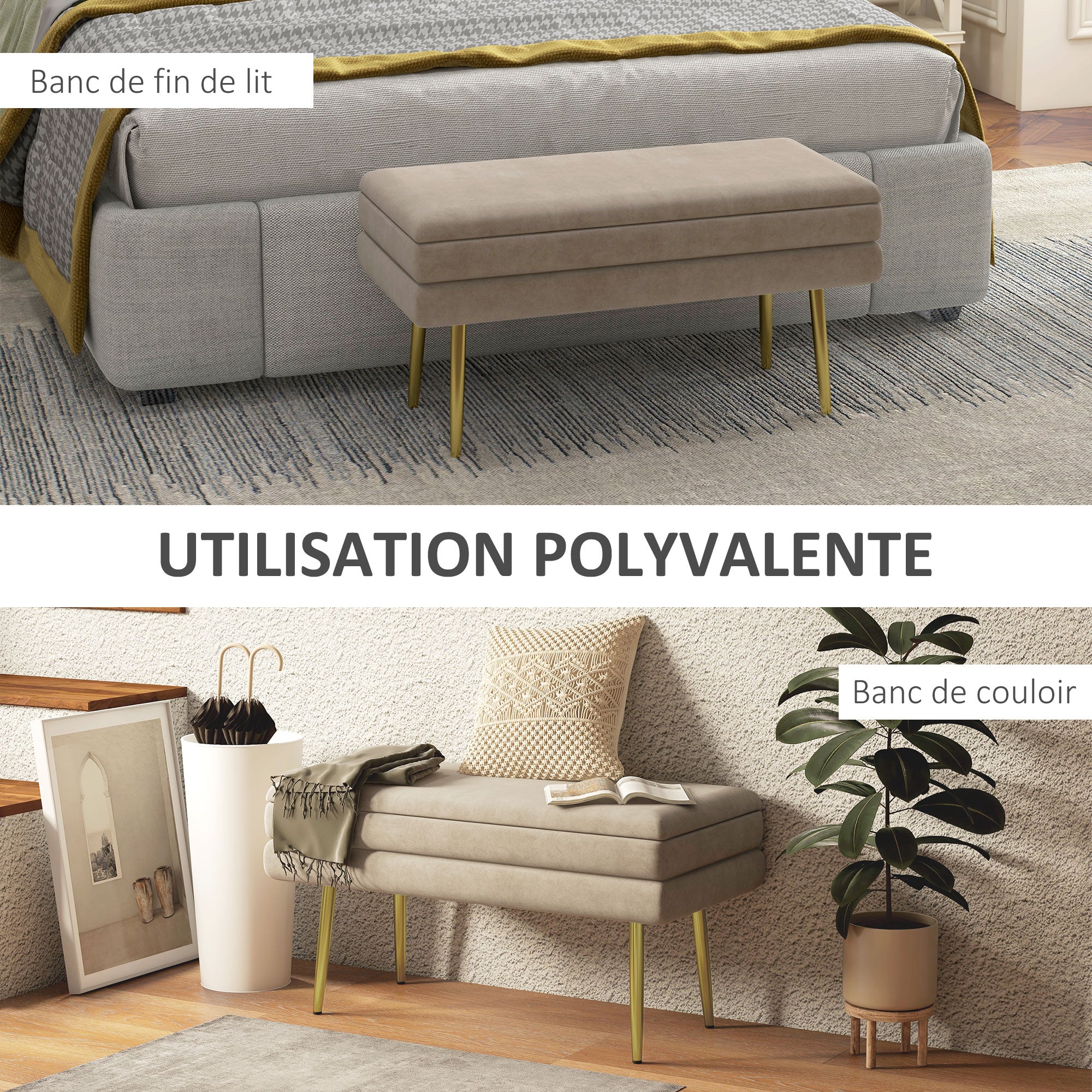 Banc de rangement, bout de lit, coffre de rangement avec assise aspect velours et pieds acier, 79,5 x 37,5 x 43 cm, beige et doré
