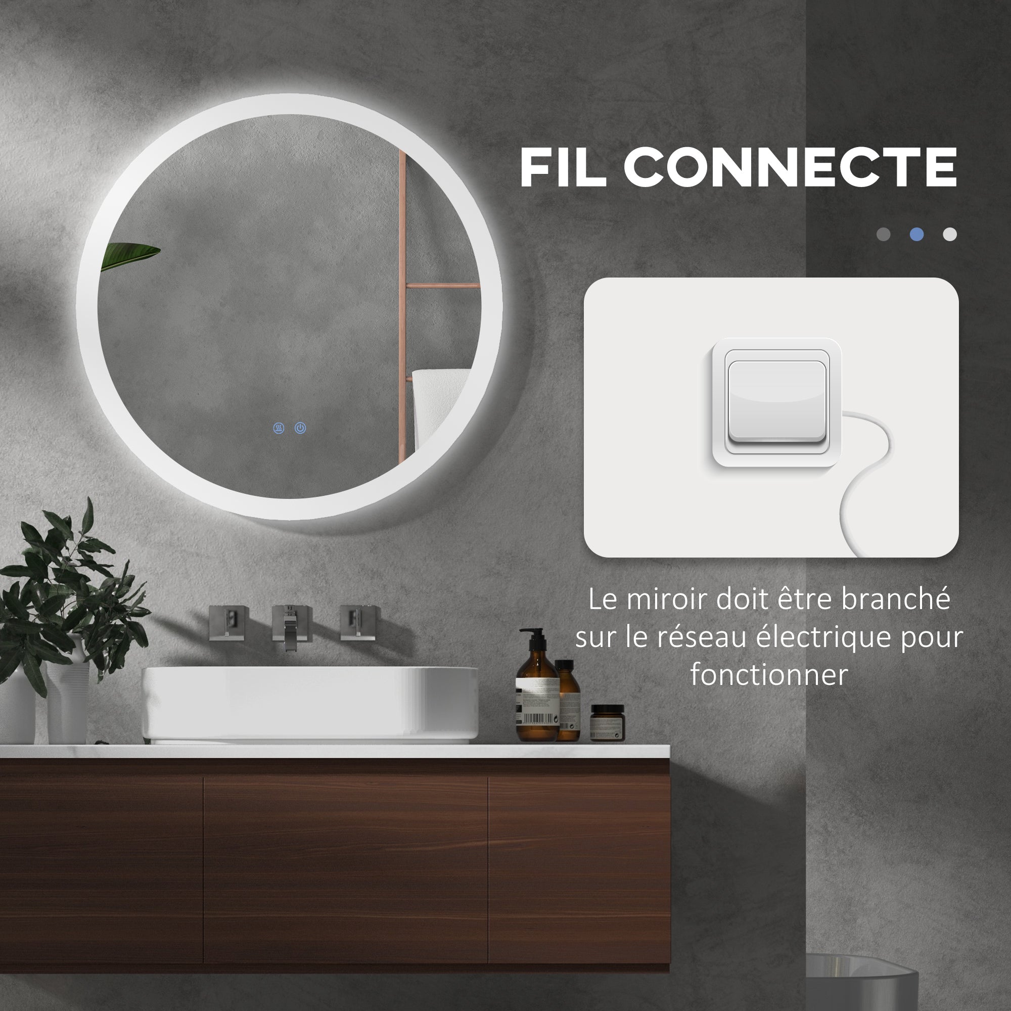 Miroir rond salle de bain avec éclairage LED Ø 70 cm, miroir mural 35W avec anti-buée, 3 couleurs réglables, dimmable, interrupteur tactile, fonction mémoire, blanc et argent