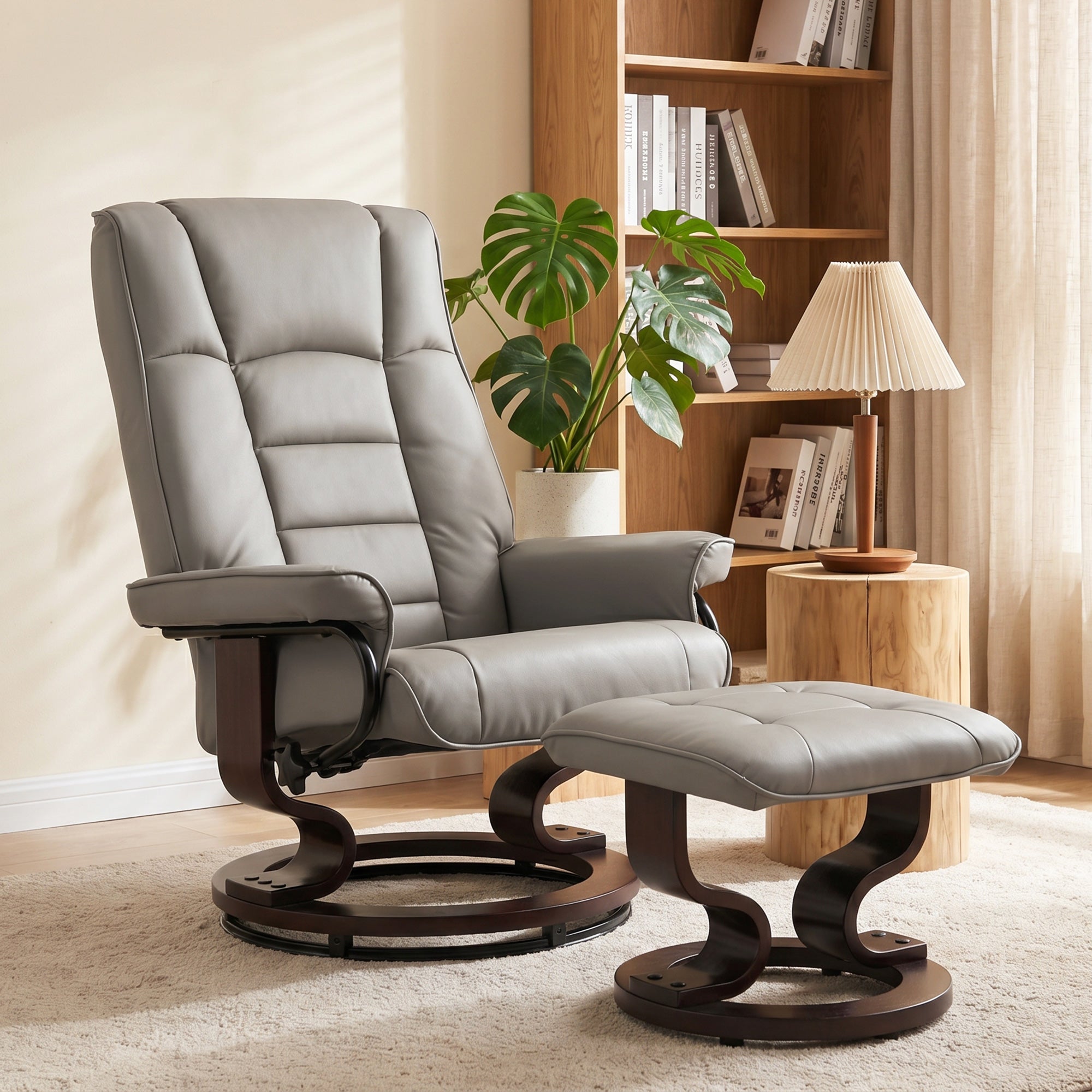 Fauteuil de relaxation inclinable avec repose-pied fauteuil relax de salon pivotant, cadre en bois revêtement synthétique 76 x 85 x 104 cm gris