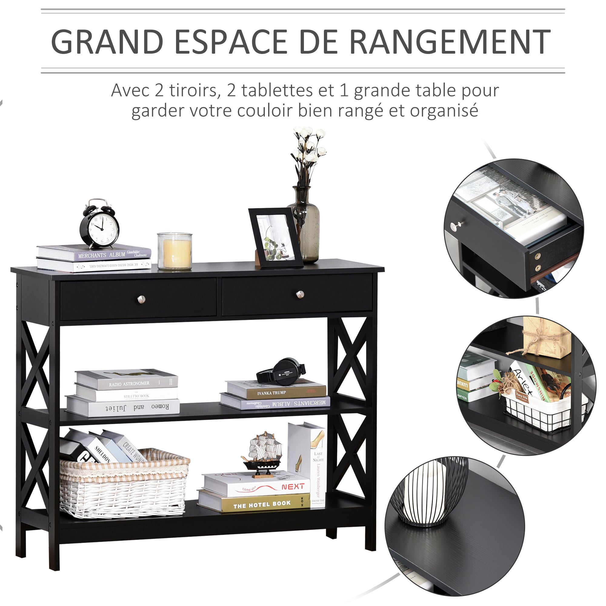 Table de console table d'entrée style table de drapier néo-rétro 2 tiroirs 2 étagères dim. 100L x 30.5l x 80H cm MDF noir