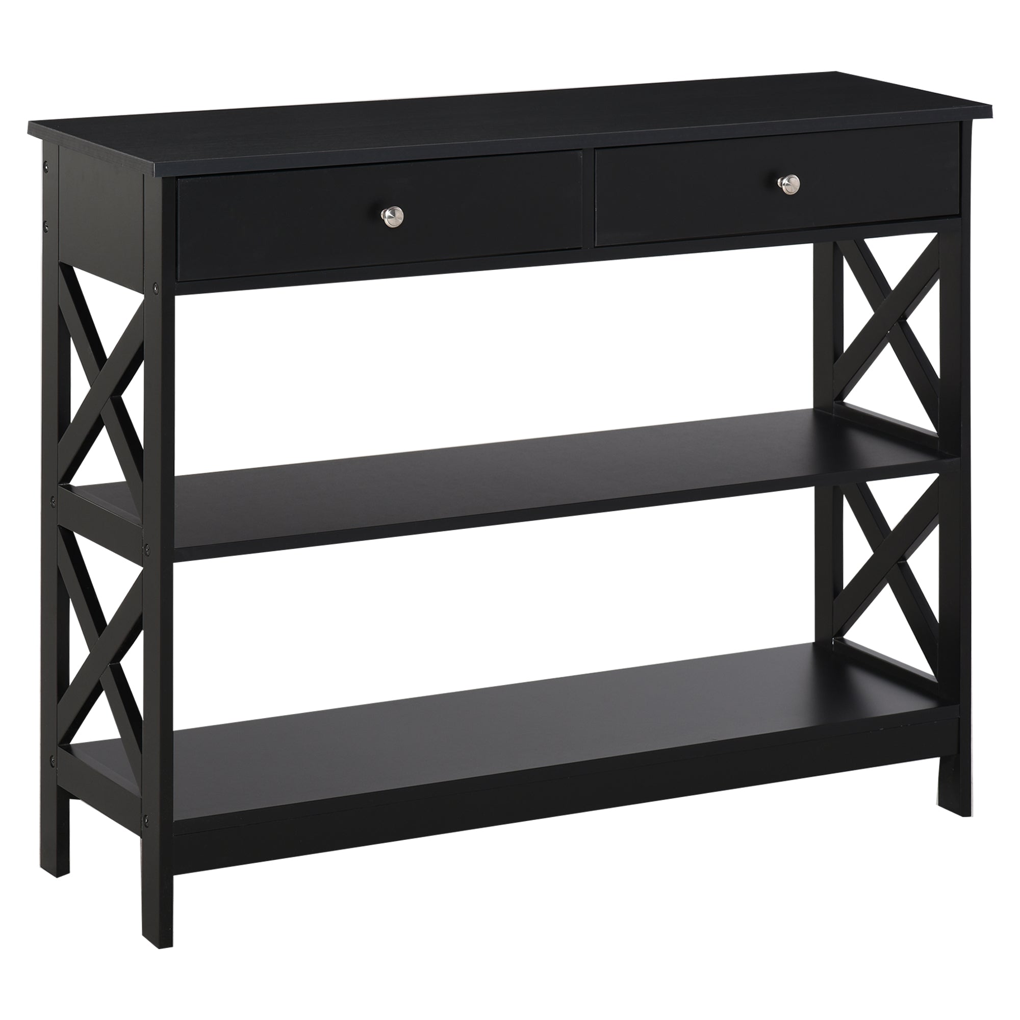 Table de console table d'entrée style table de drapier néo-rétro 2 tiroirs 2 étagères dim. 100L x 30.5l x 80H cm MDF noir