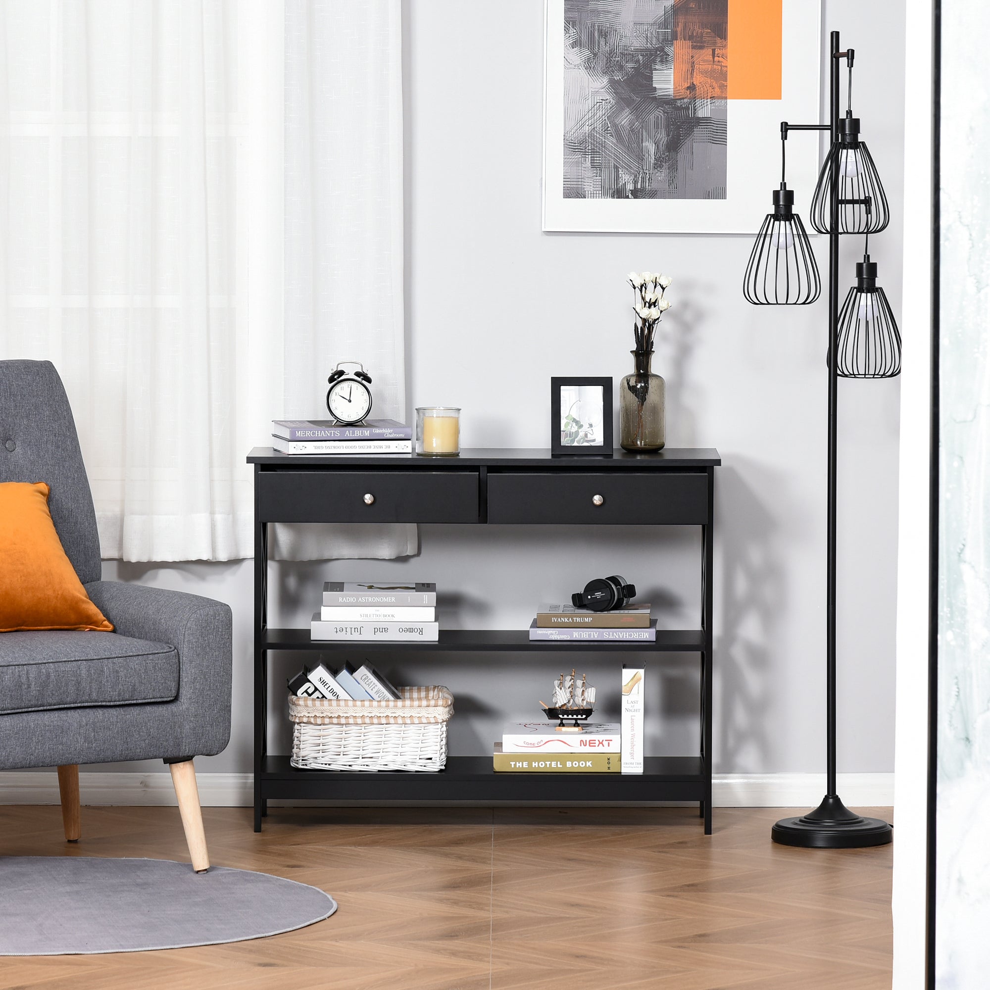 Table de console table d'entrée style table de drapier néo-rétro 2 tiroirs 2 étagères dim. 100L x 30.5l x 80H cm MDF noir