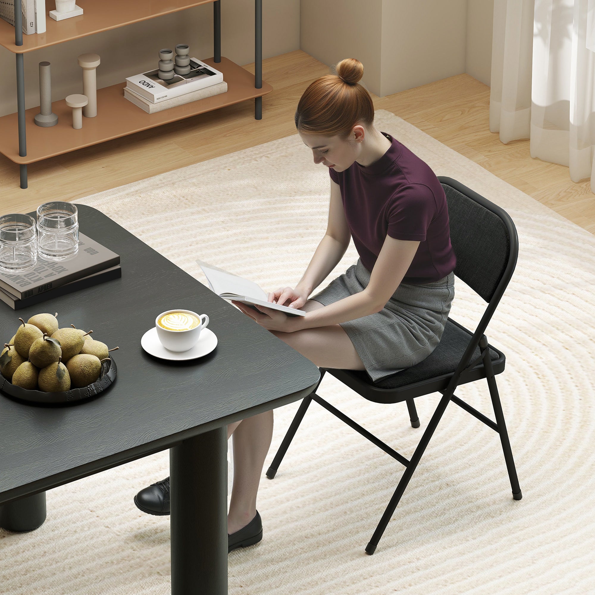Lot de 6 chaises pliantes chaises de salle à manger portables chaise pliable d'intérieur avec coussin en lin et cadre en acier 45 x 46 x 78 cm noir