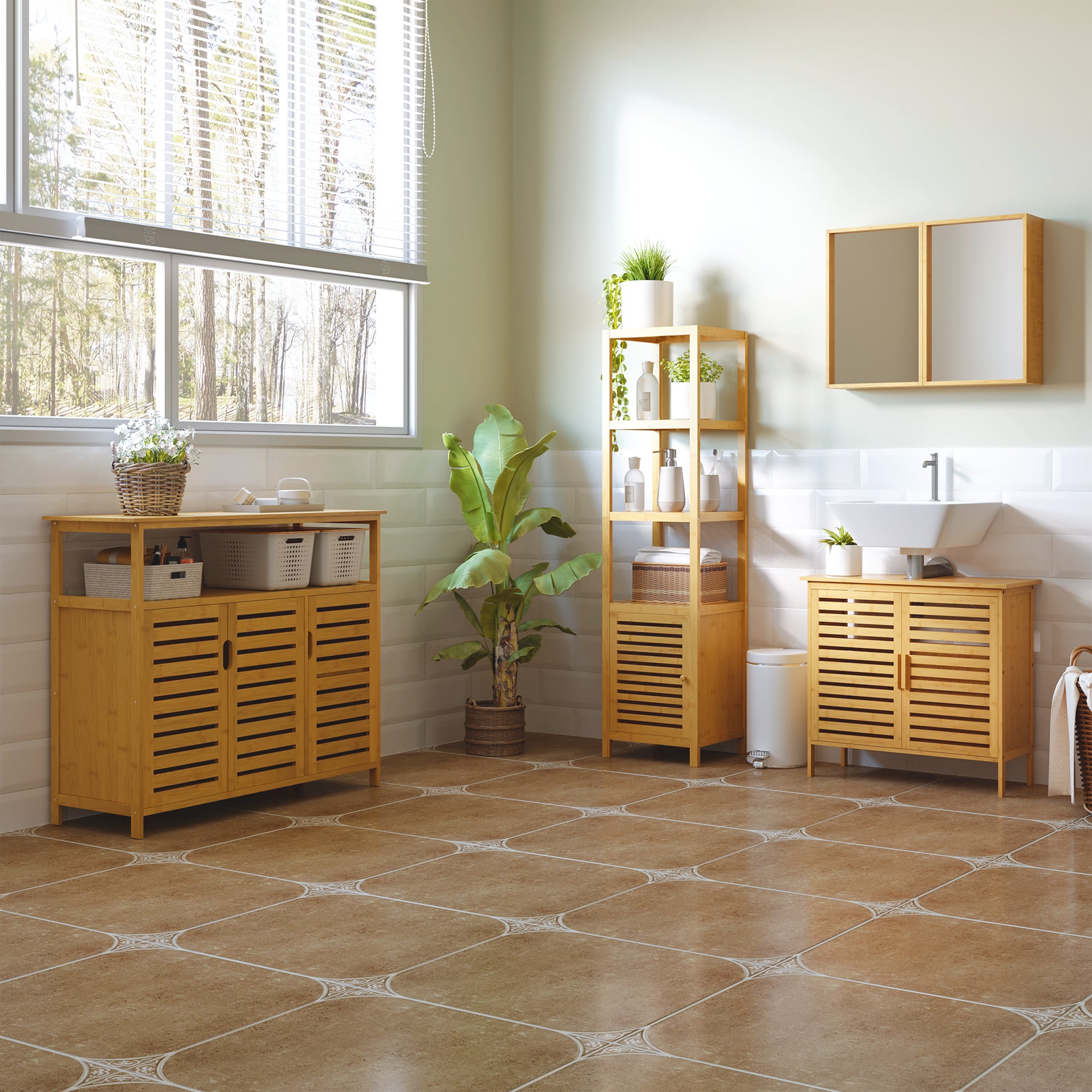 Buffet meuble de rangement en bois bambou avec 3 portes et étagères - 100 x 35 x 82 cm