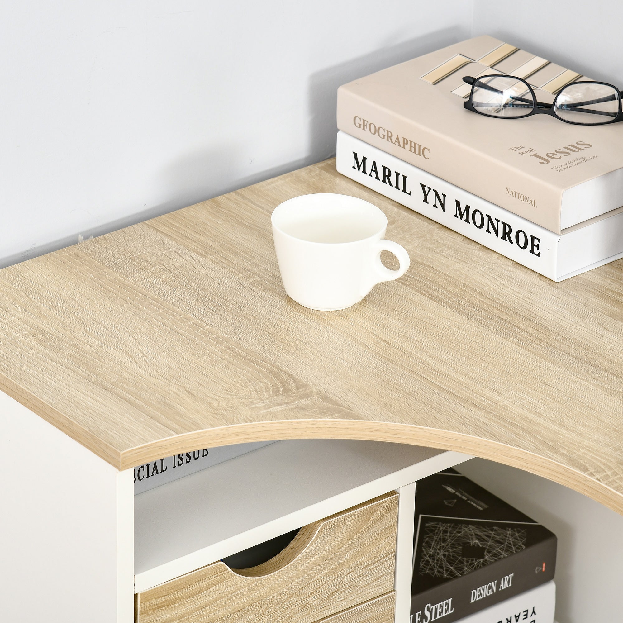 Bureau d'angle avec 2 tiroirs, 120 x 60 cm, bureau en L avec 3 compartiments ouverts, table informatique pour étudier, travailler, chambre, maison, aspect chêne clair