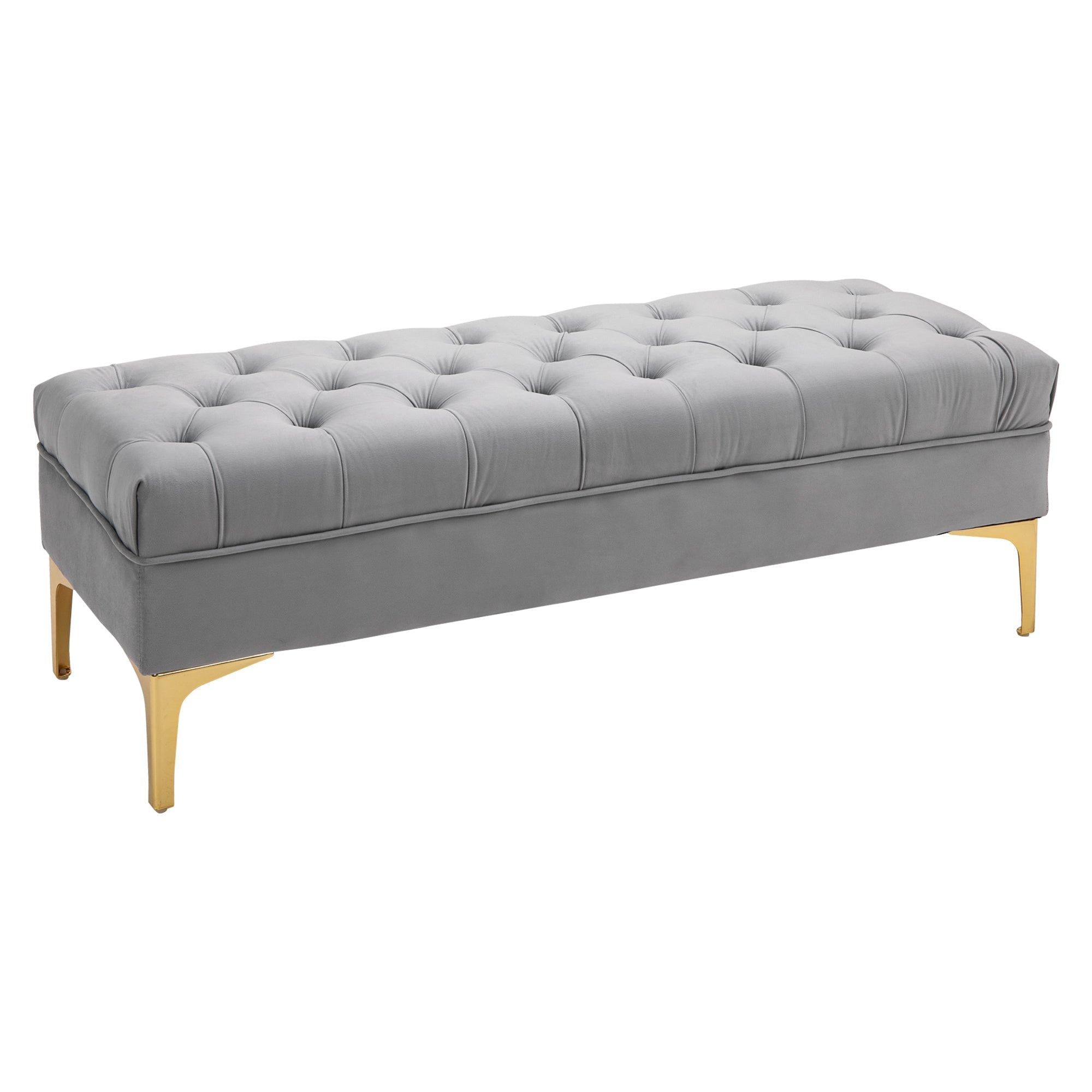 Banc banquette capitonnée bout de lit style classique chic dim. 118L x 45l x 42H cm piètement métal doré velours gris clair