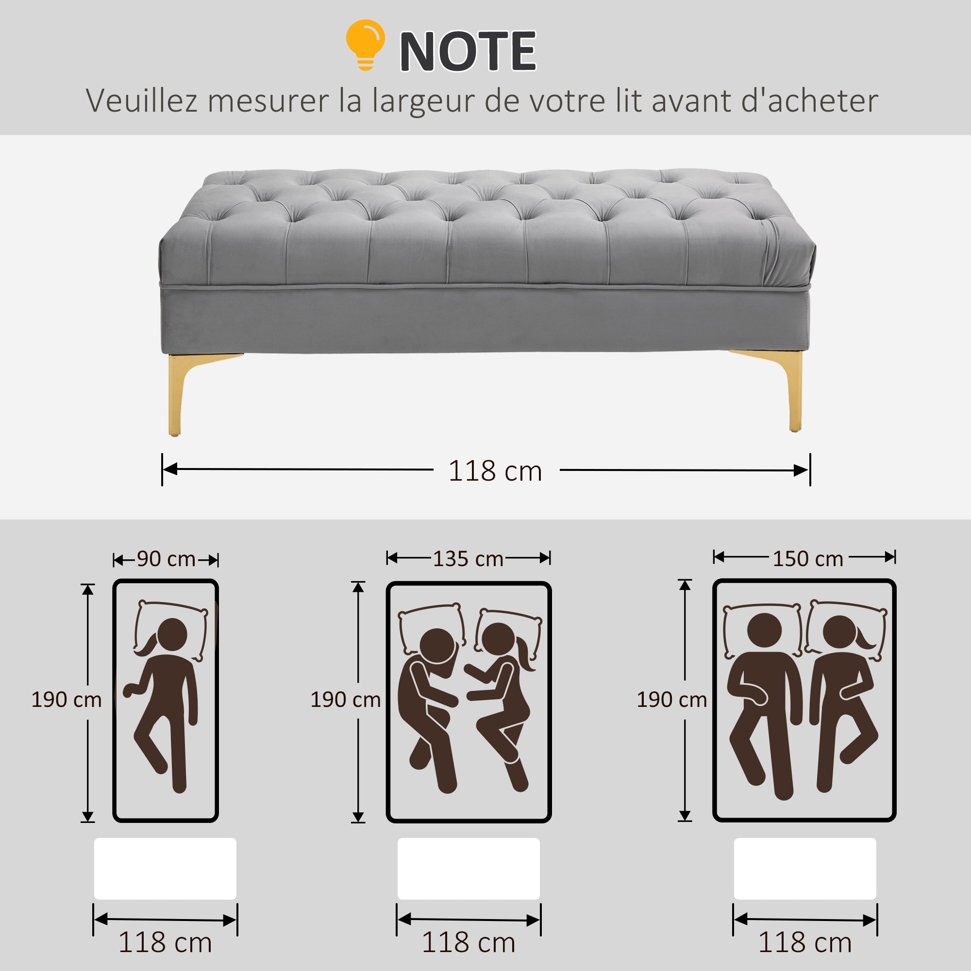 Banc banquette capitonnée bout de lit style classique chic dim. 118L x 45l x 42H cm piètement métal doré velours gris clair