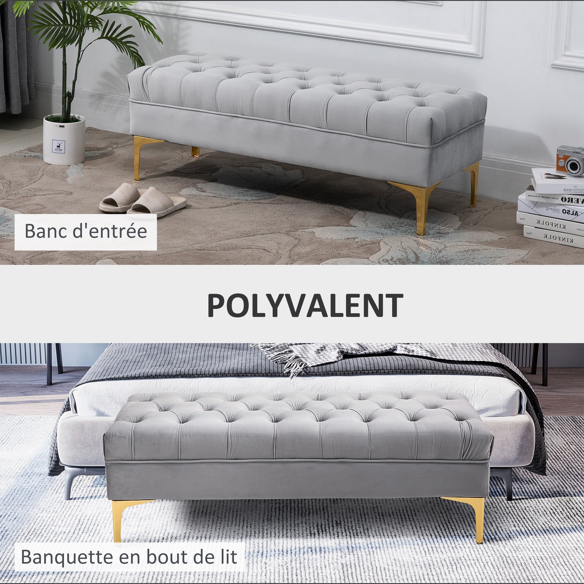 Banc banquette capitonnée bout de lit style classique chic dim. 118L x 45l x 42H cm piètement métal doré velours gris clair