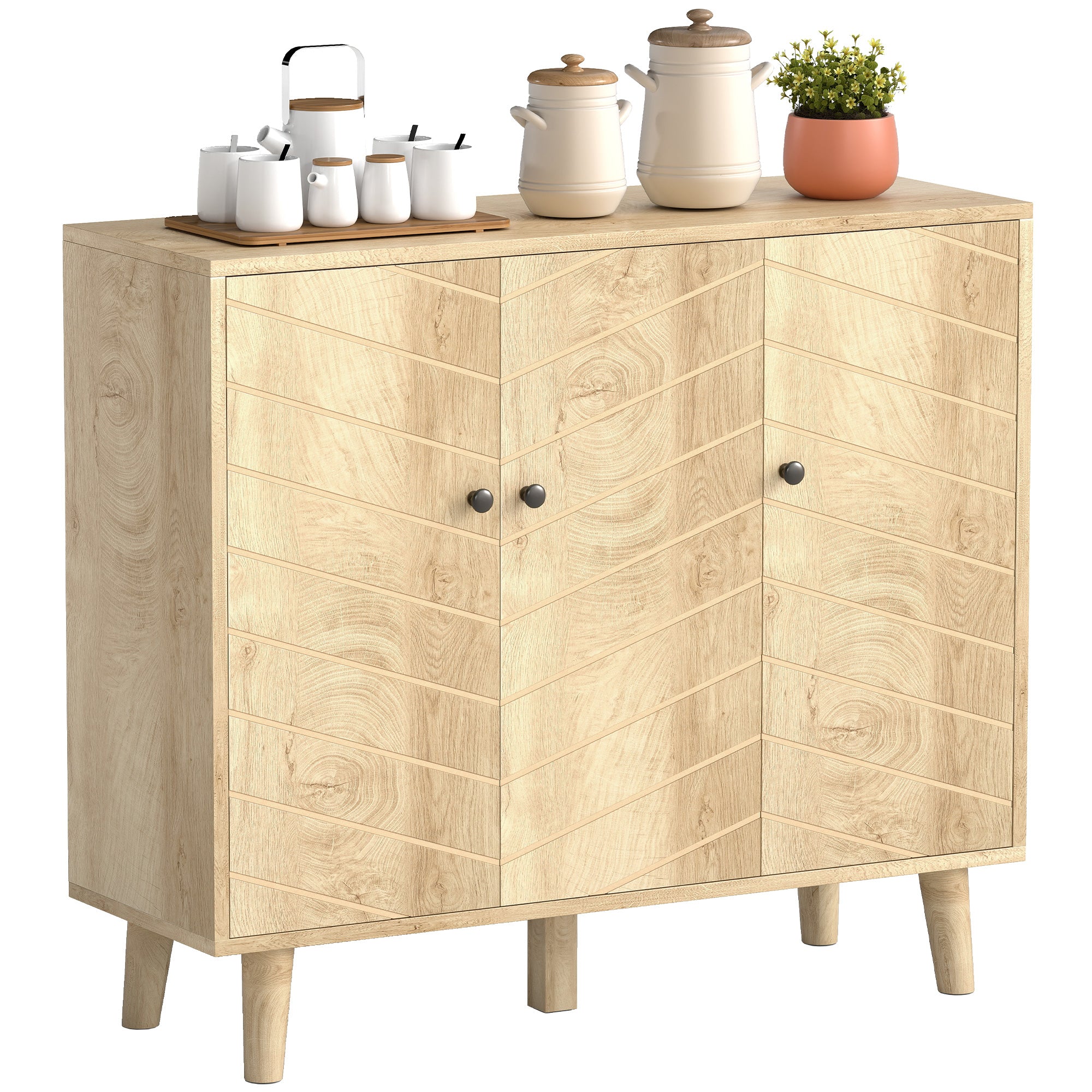Buffet Cuisine, Meuble de Rangement avec 3 Portes à Motif Chevron et Pieds en Bois de Pin, Style Moderne, Buffet Salle à Manger, Salon et Chambre, 88,3 x 30 x 76 cm, Bois Naturel
