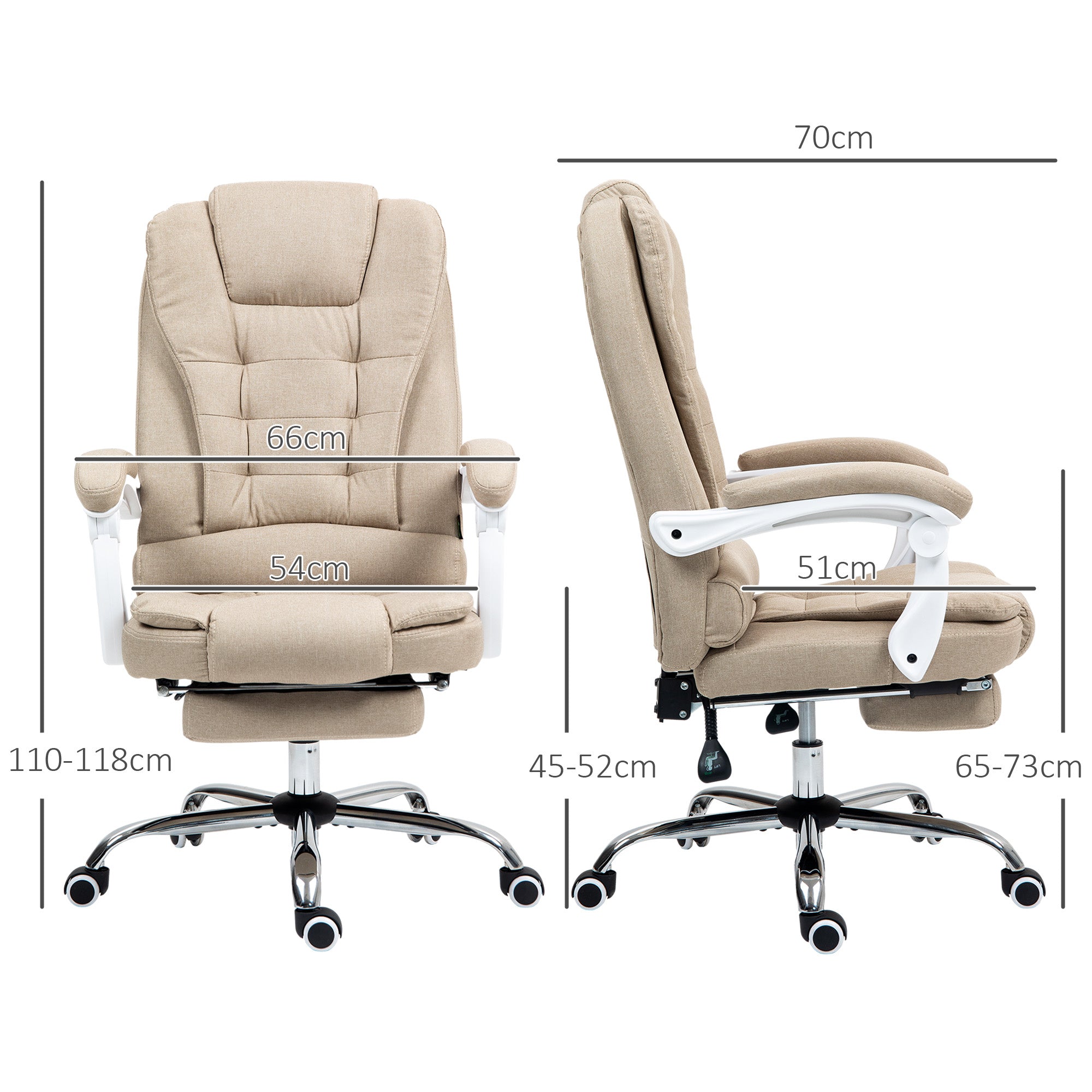 Fauteuil de bureau ergonomique, chaise de bureau avec repose-pied, dossier inclinable, accoudoirs rembourrés, en tissu aspect lin beige
