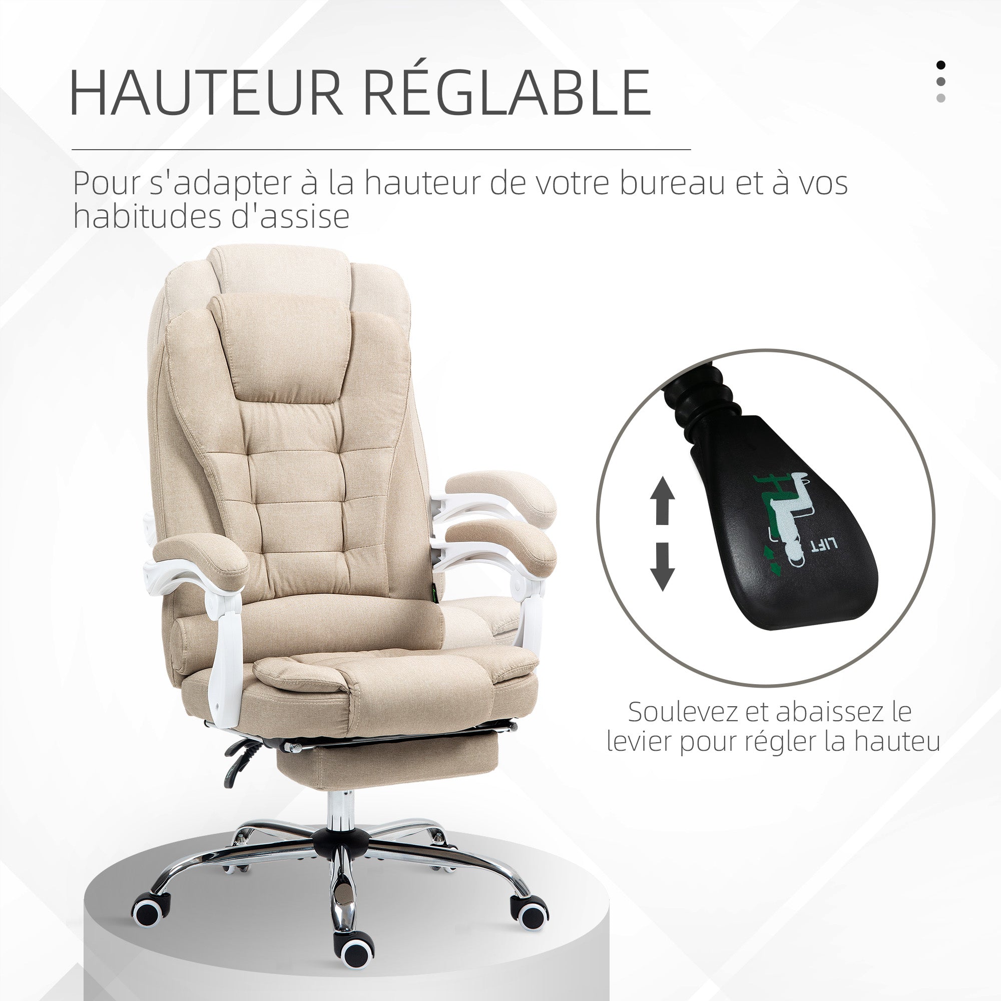 Fauteuil de bureau ergonomique, chaise de bureau avec repose-pied, dossier inclinable, accoudoirs rembourrés, en tissu aspect lin beige
