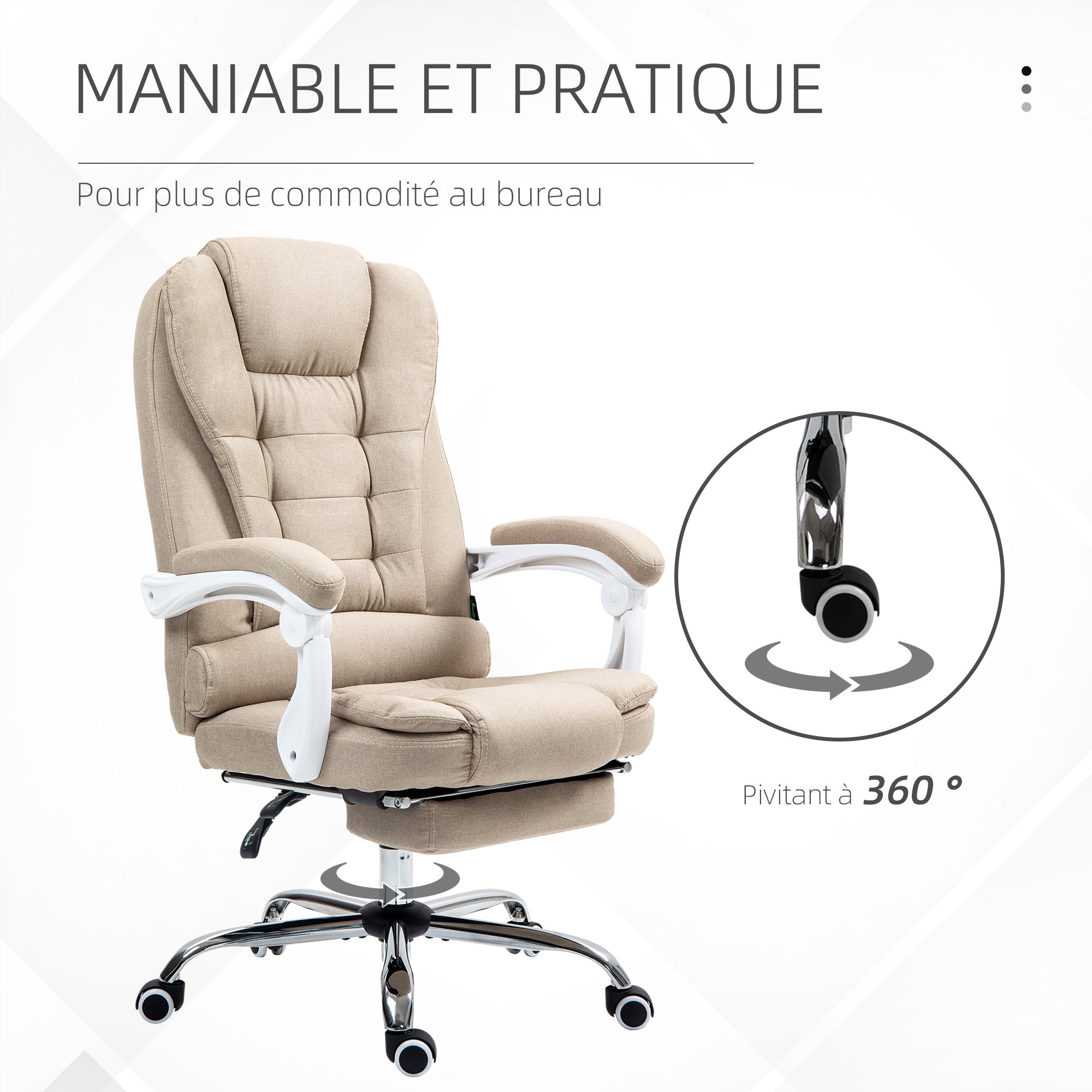Fauteuil de bureau ergonomique, chaise de bureau avec repose-pied, dossier inclinable, accoudoirs rembourrés, en tissu aspect lin beige