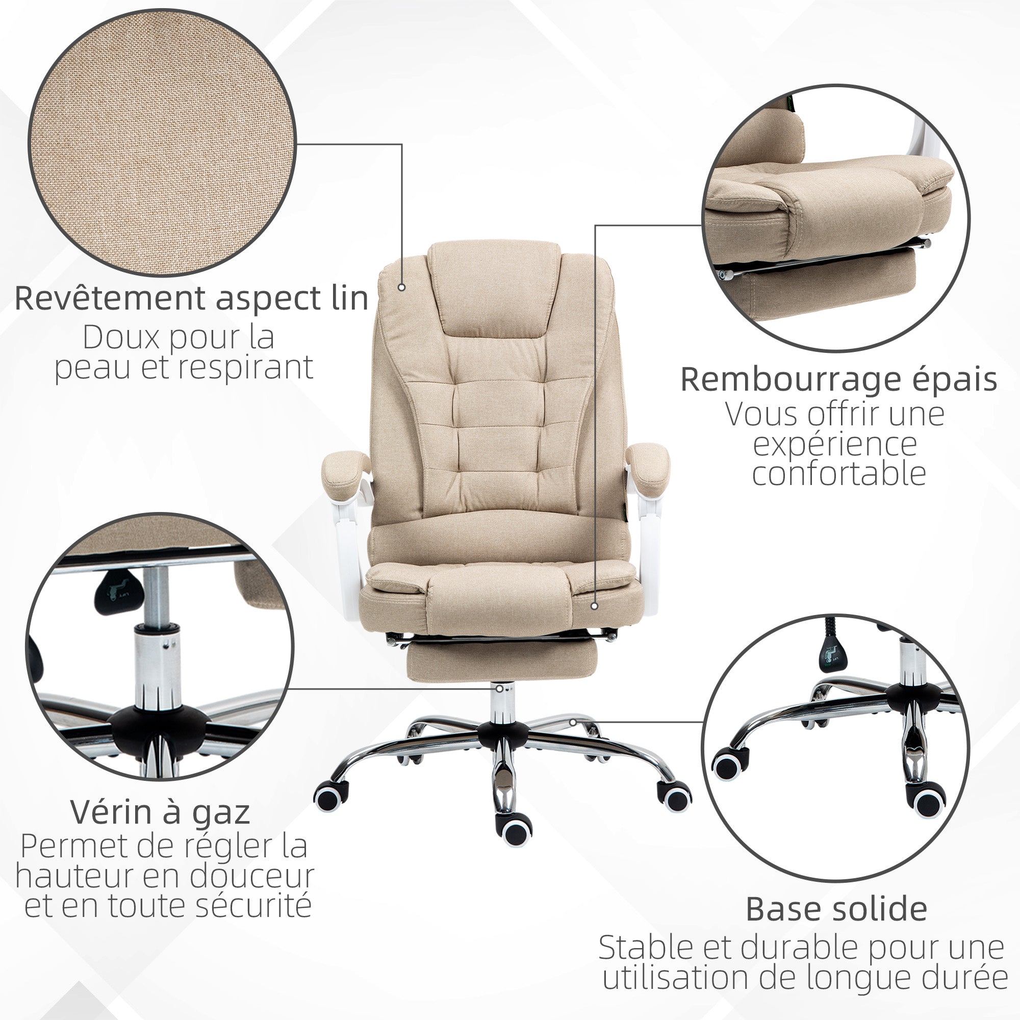 Fauteuil de bureau ergonomique, chaise de bureau avec repose-pied, dossier inclinable, accoudoirs rembourrés, en tissu aspect lin beige