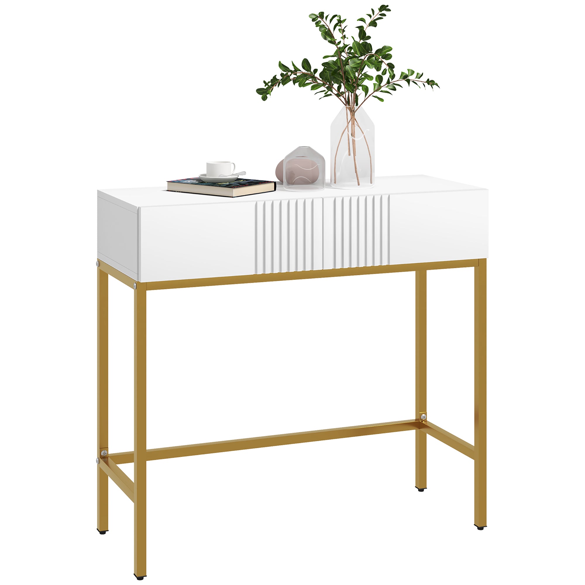 Table console, console meuble, avec 2 tiroirs, base en acier, console entrée, avec pieds antidérapants, pour entrée, salon, blanc