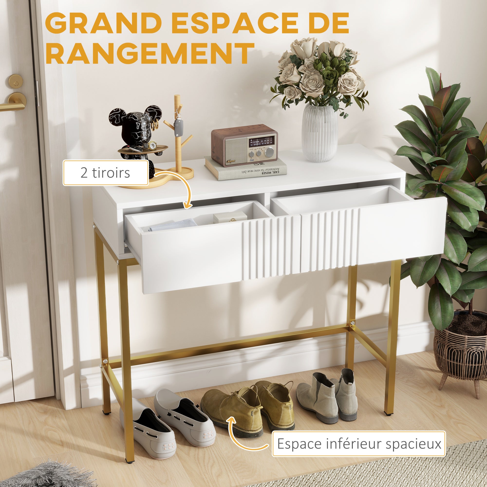 Table console, console meuble, avec 2 tiroirs, base en acier, console entrée, avec pieds antidérapants, pour entrée, salon, blanc