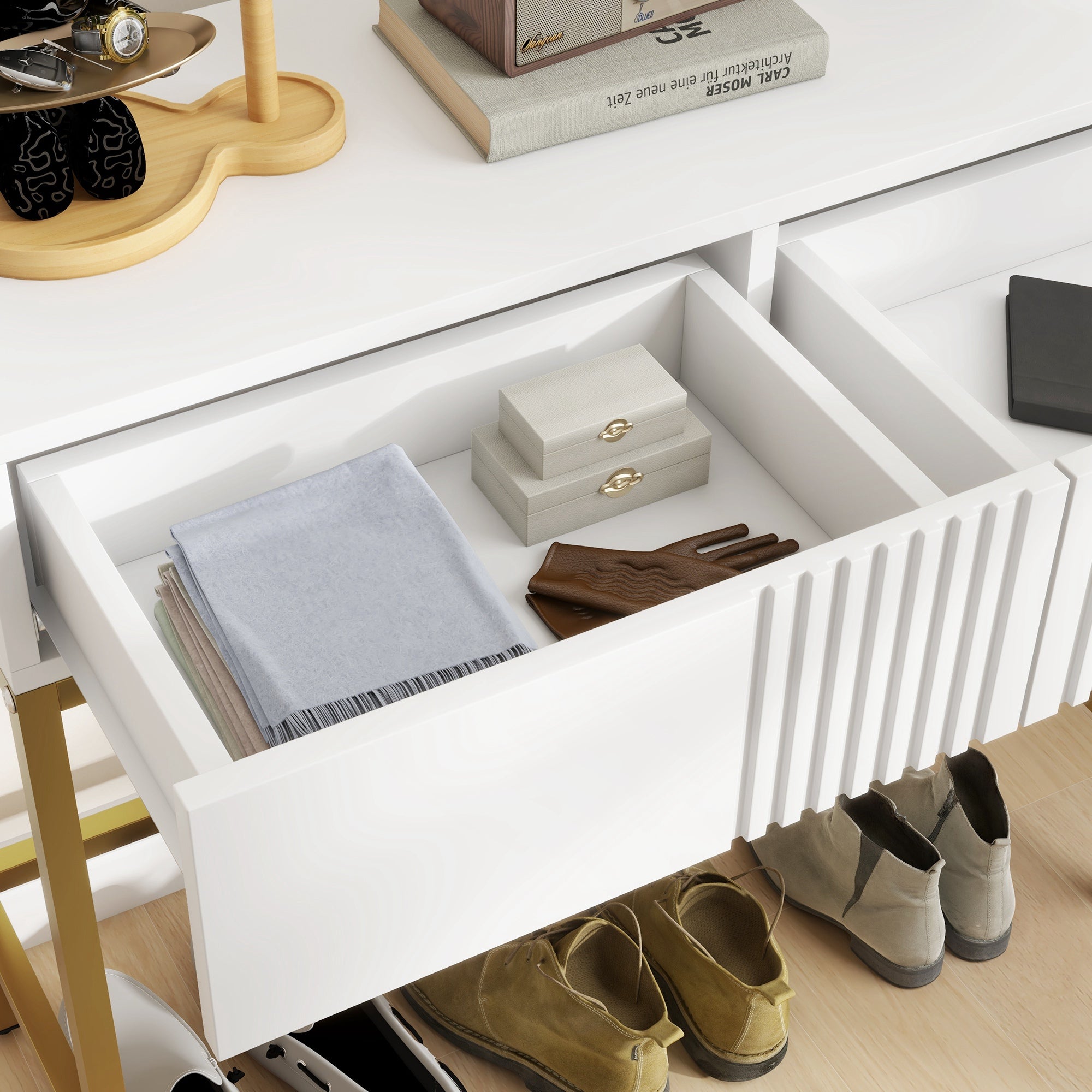 Table console, console meuble, avec 2 tiroirs, base en acier, console entrée, avec pieds antidérapants, pour entrée, salon, blanc