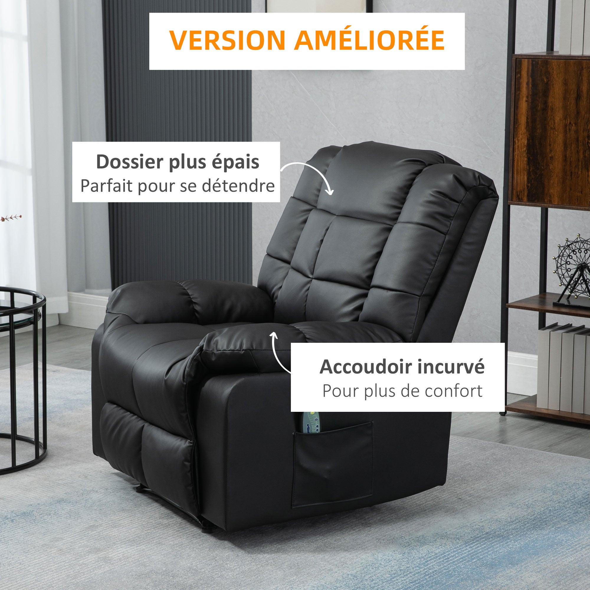Fauteuil de massage fauteuil de relaxation massant avec dossier inclinable manuellement et repose-pied fauteuil TV revêtement synthétique télécommande incluse noir