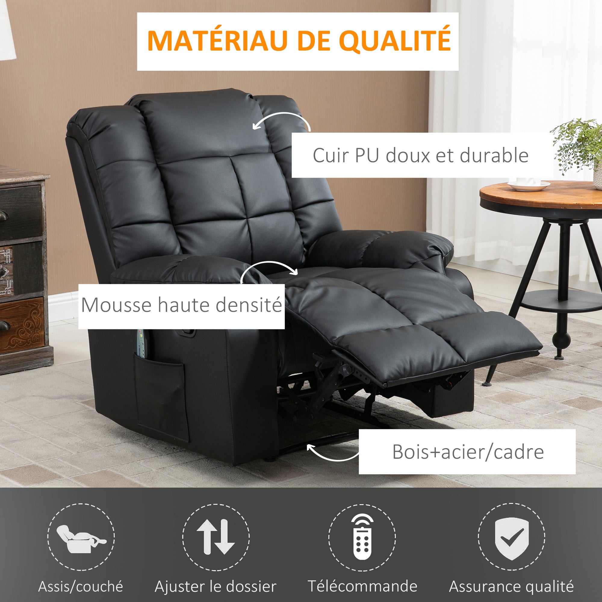Fauteuil de massage fauteuil de relaxation massant avec dossier inclinable manuellement et repose-pied fauteuil TV revêtement synthétique télécommande incluse noir
