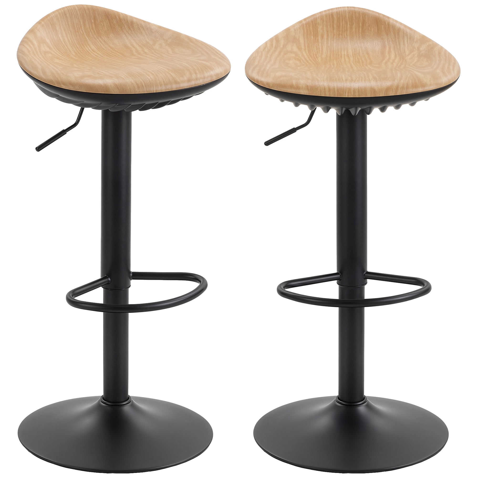Lot de 2 tabourets de bar, chaises de bar réglables en hauteur, repose-pieds, pivotant 360°, assise selle effet bois en PU, base en acier, pour salle à manger, comptoir, 40x40x63-84cm, chêne