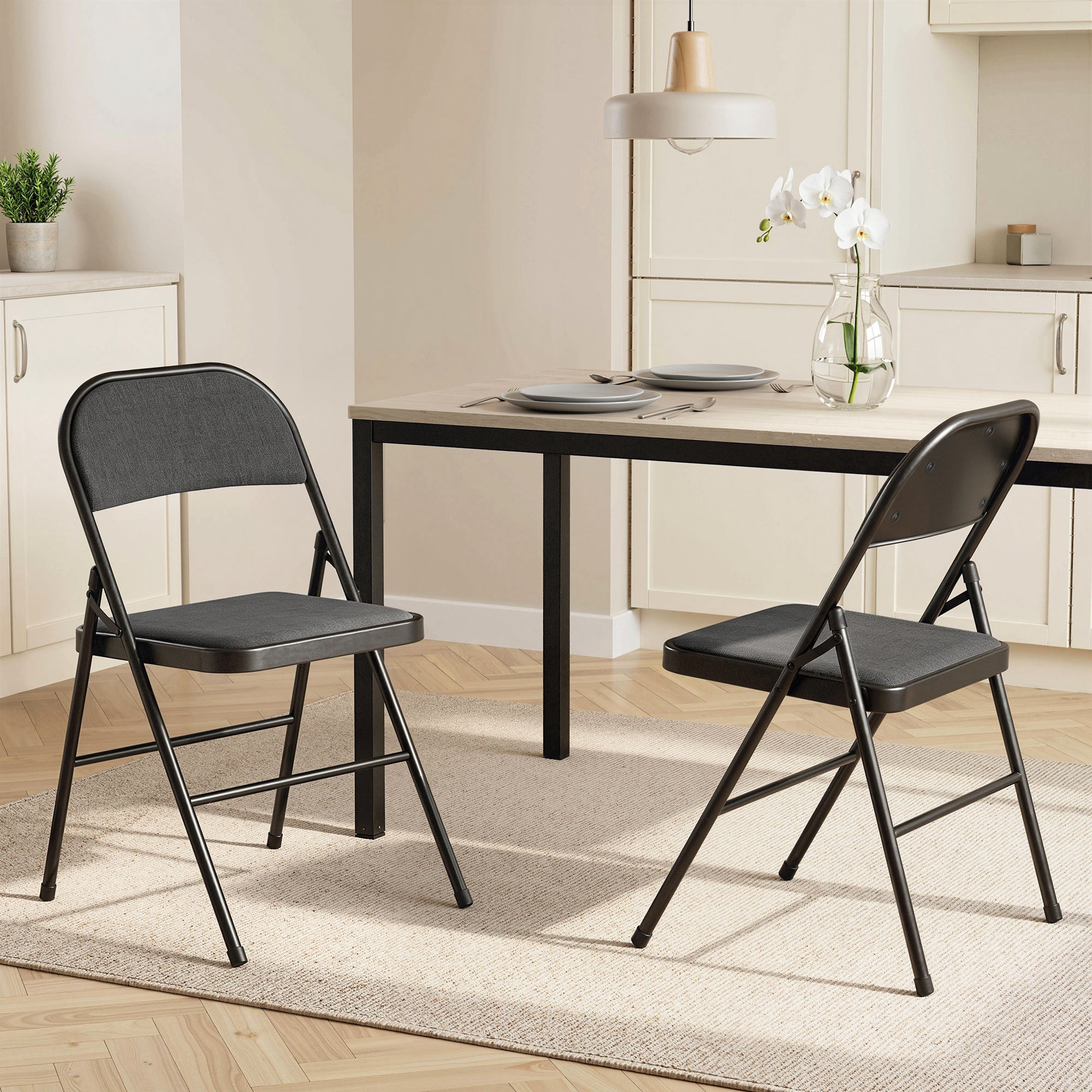 Lot de 2 chaises pliantes chaises de salle à manger portables chaise pliable d'intérieur avec coussin en lin et cadre en acier dim. 45l x 46P x 78H cm noir