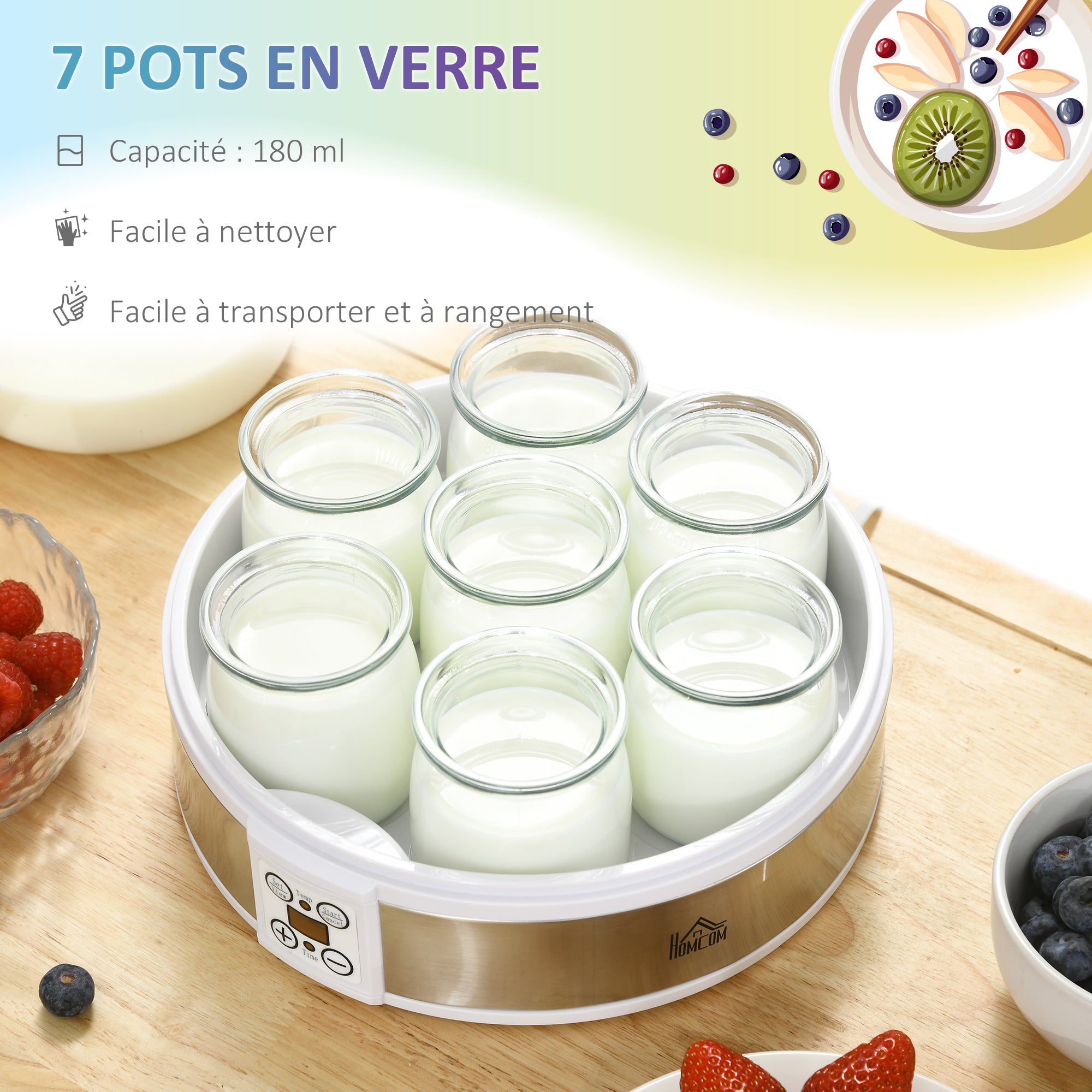 Yaourtière 7 pots en verre de 180ml, machine à yaourt électrique en acier inoxydable avec minuterie, thermostat réglable et affichage LED pour des desserts maison sains blanc