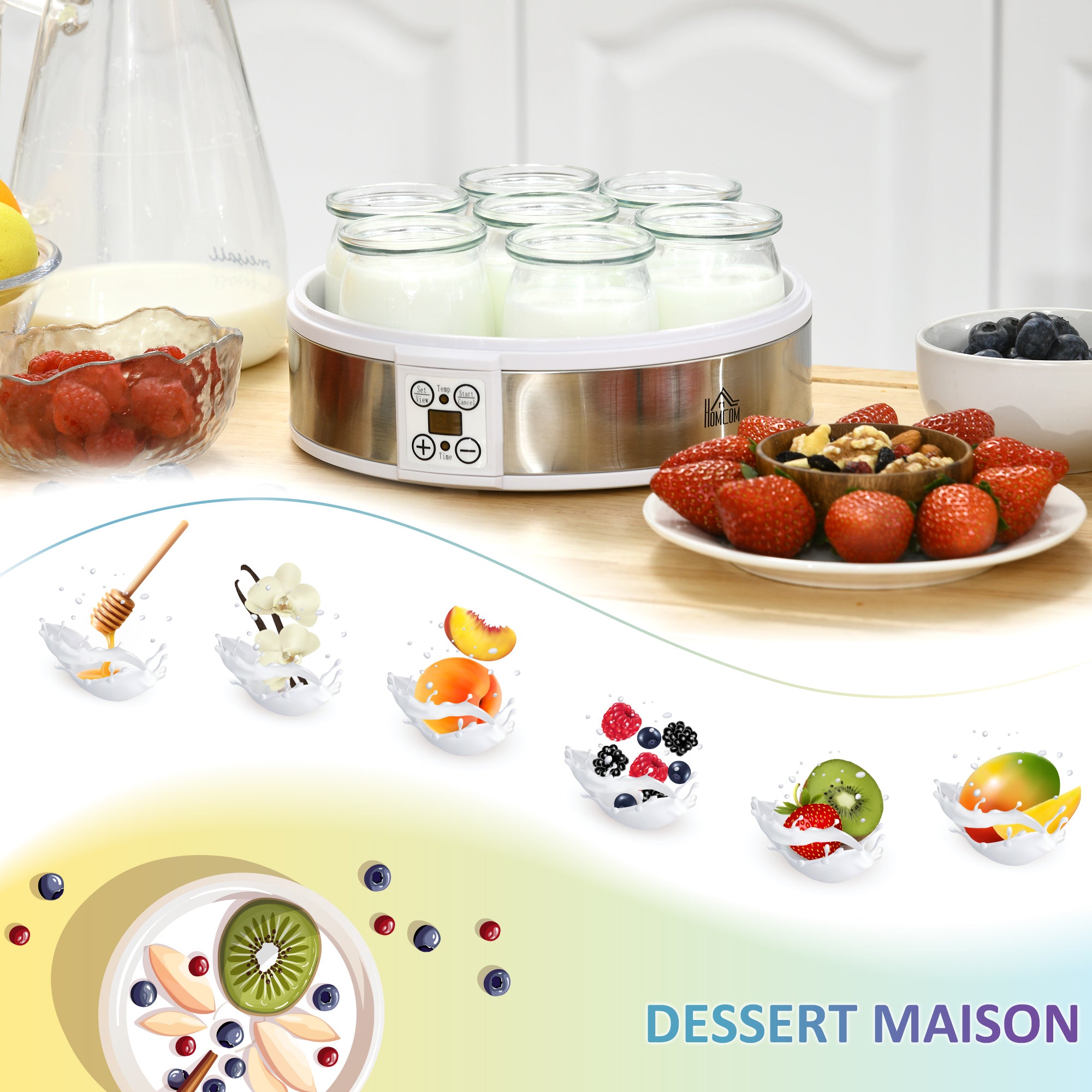 Yaourtière 7 pots en verre de 180ml, machine à yaourt électrique en acier inoxydable avec minuterie, thermostat réglable et affichage LED pour des desserts maison sains blanc