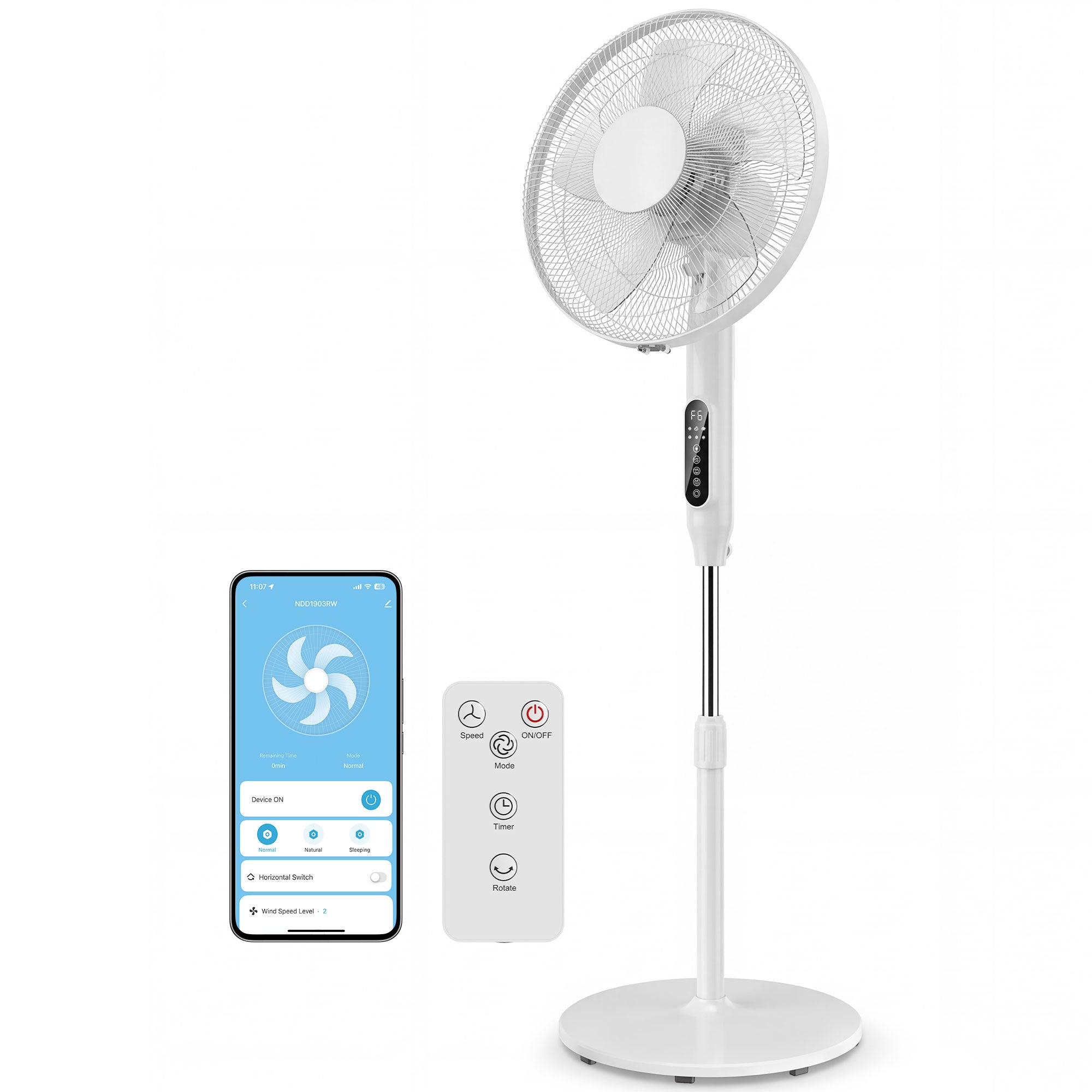 Ventilateur sur pied contrôlé par APP, ventilateur 45 cm avec télécommande, 3 vitesses, 3 modes, hauteur réglable 118-138 cm, minuterie 15 h, oscillant, pour chambre, salon, bureau, blanc