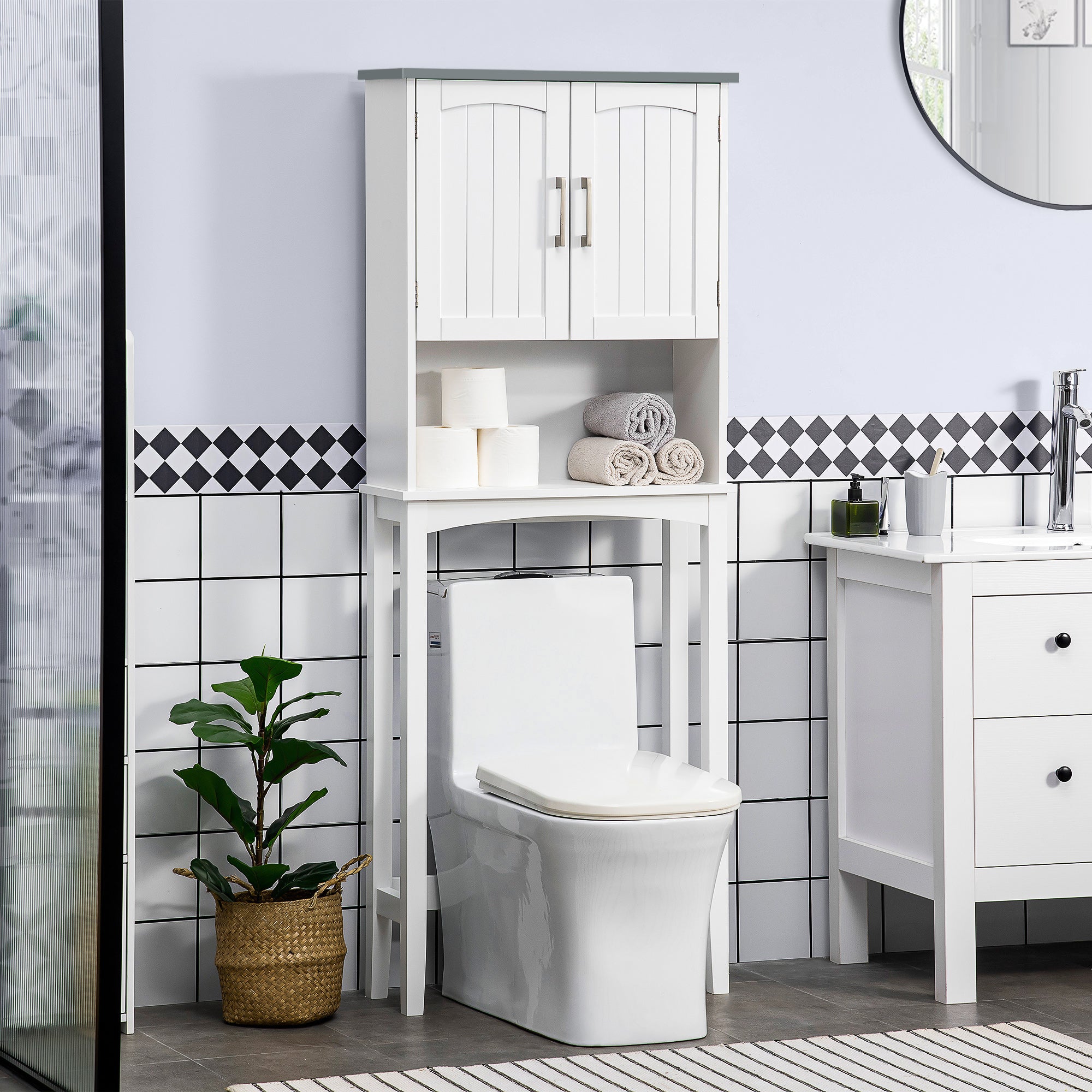 Meuble WC dessus de toilette meuble toilettes WC rangement meuble salle de bain avec placard à double porte, étagère réglable et compartiments ouverts, 64 x 22 x 165 cm, blanc