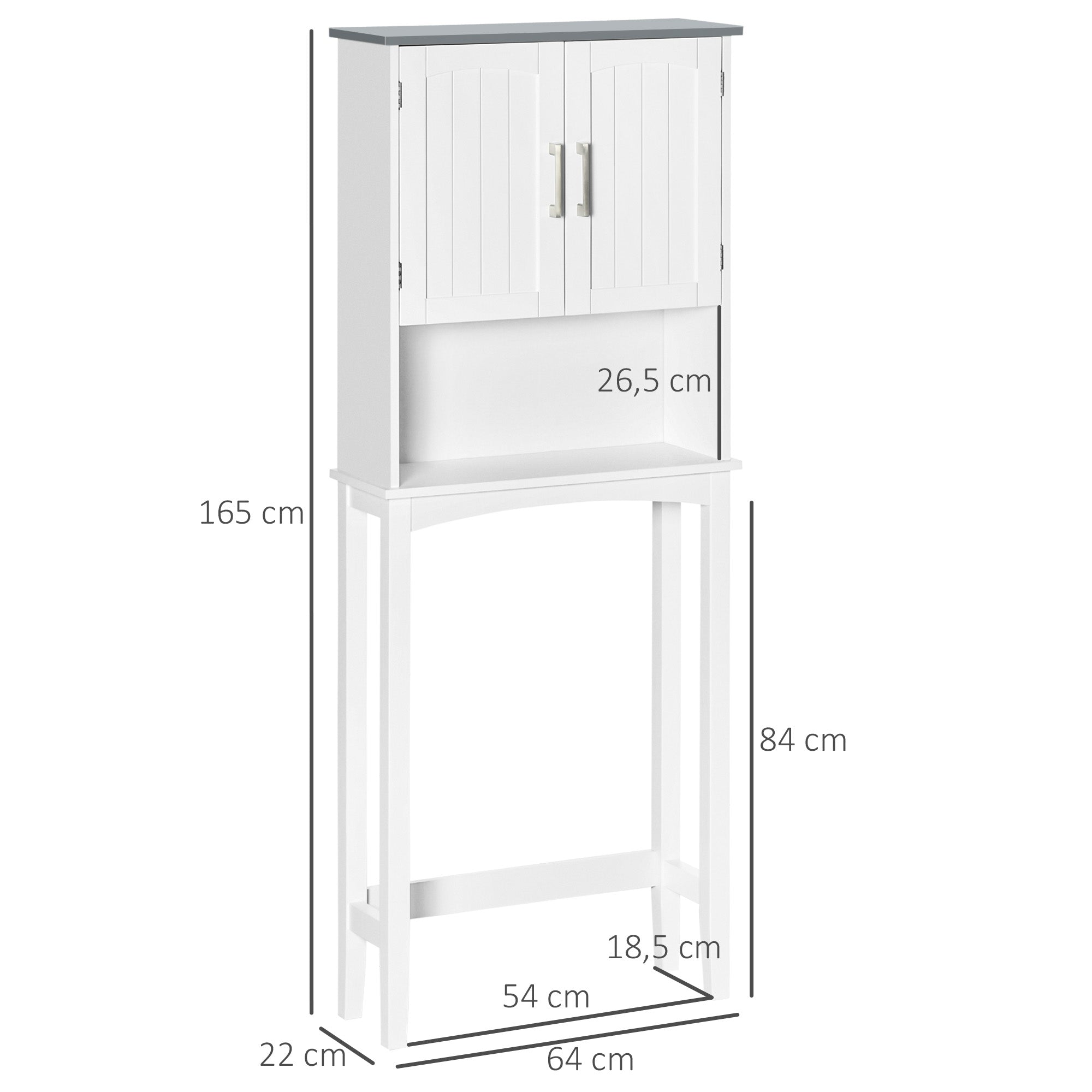 Meuble WC dessus de toilette meuble toilettes WC rangement meuble salle de bain avec placard à double porte, étagère réglable et compartiments ouverts, 64 x 22 x 165 cm, blanc