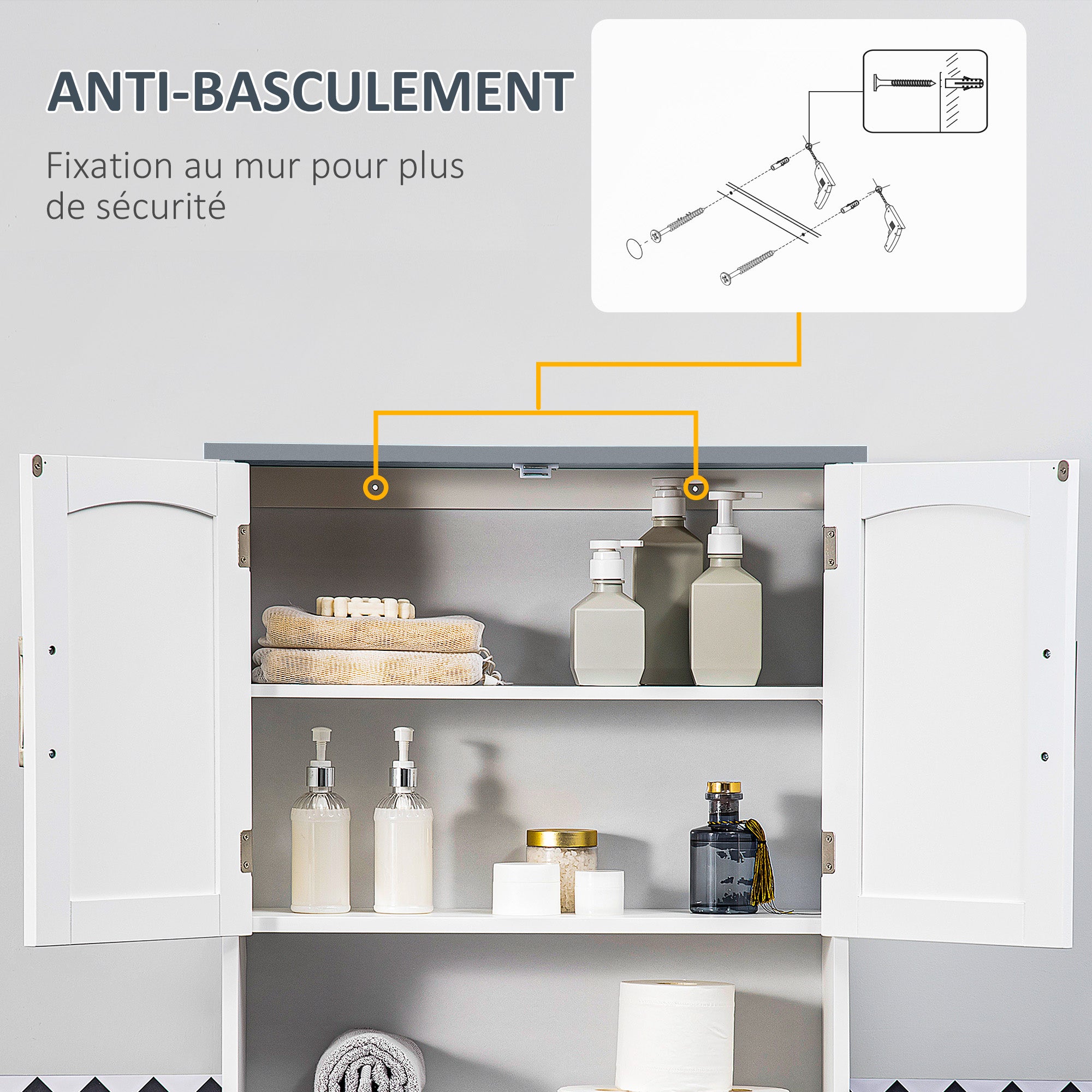 Meuble WC dessus de toilette meuble toilettes WC rangement meuble salle de bain avec placard à double porte, étagère réglable et compartiments ouverts, 64 x 22 x 165 cm, blanc