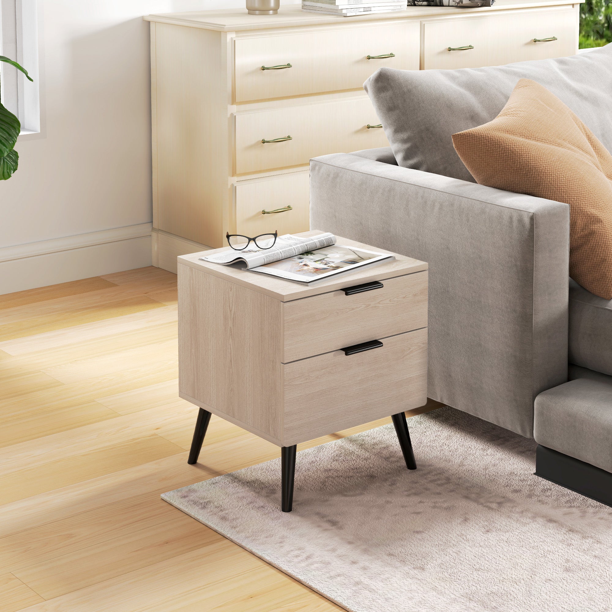 Lot de 2 tables de chevet, table de nuit, style nordique moderne, avec tiroir à deux niveaux, pieds en bois massif, pour chambre à coucher, salon, effet bois de chêne