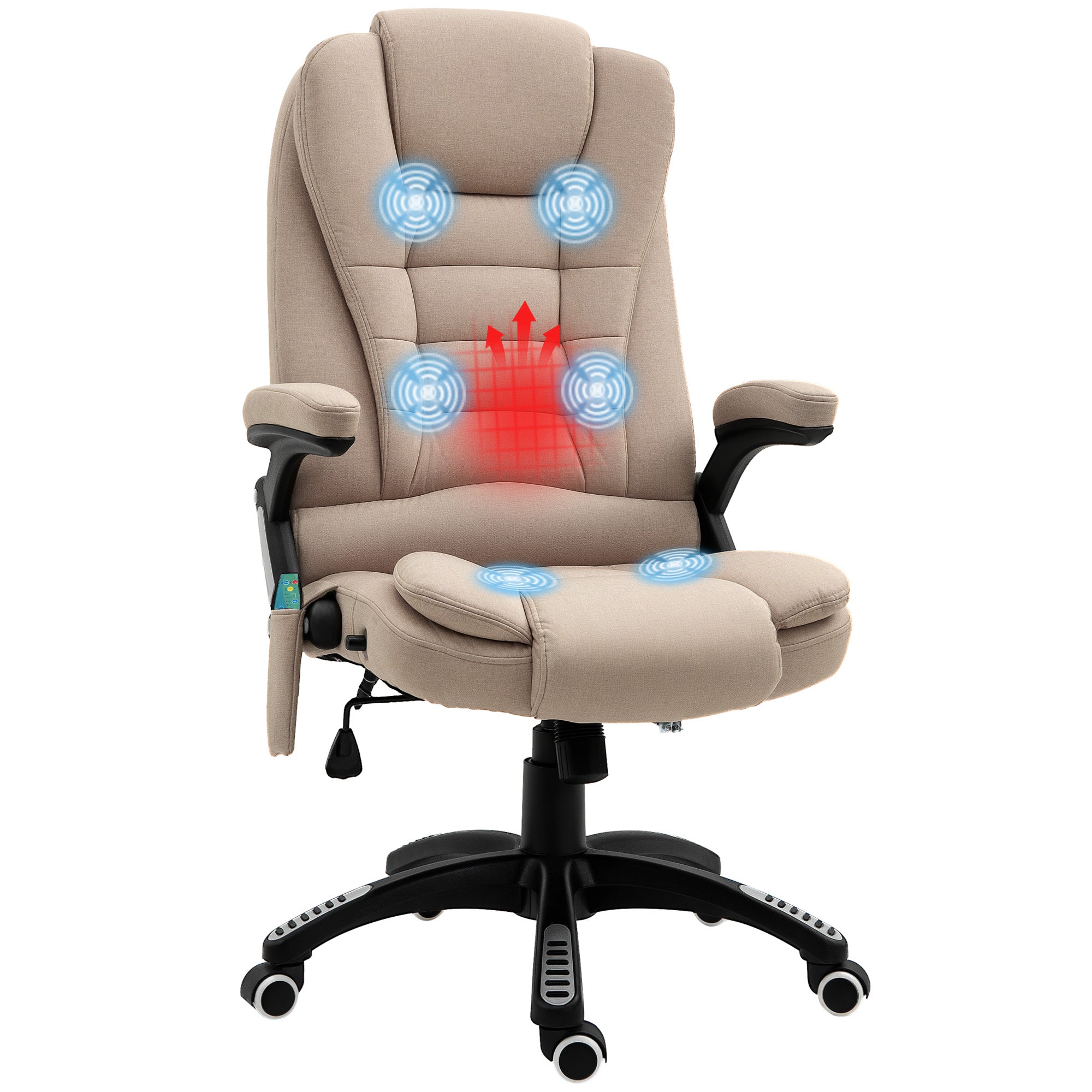 Fauteuil de bureau massant et chauffant, chaise de bureau, chaise ergonomique avec hauteur réglable, dossier inclinable et télécommande filaire, pivotant à 360° tissu en polyester beige