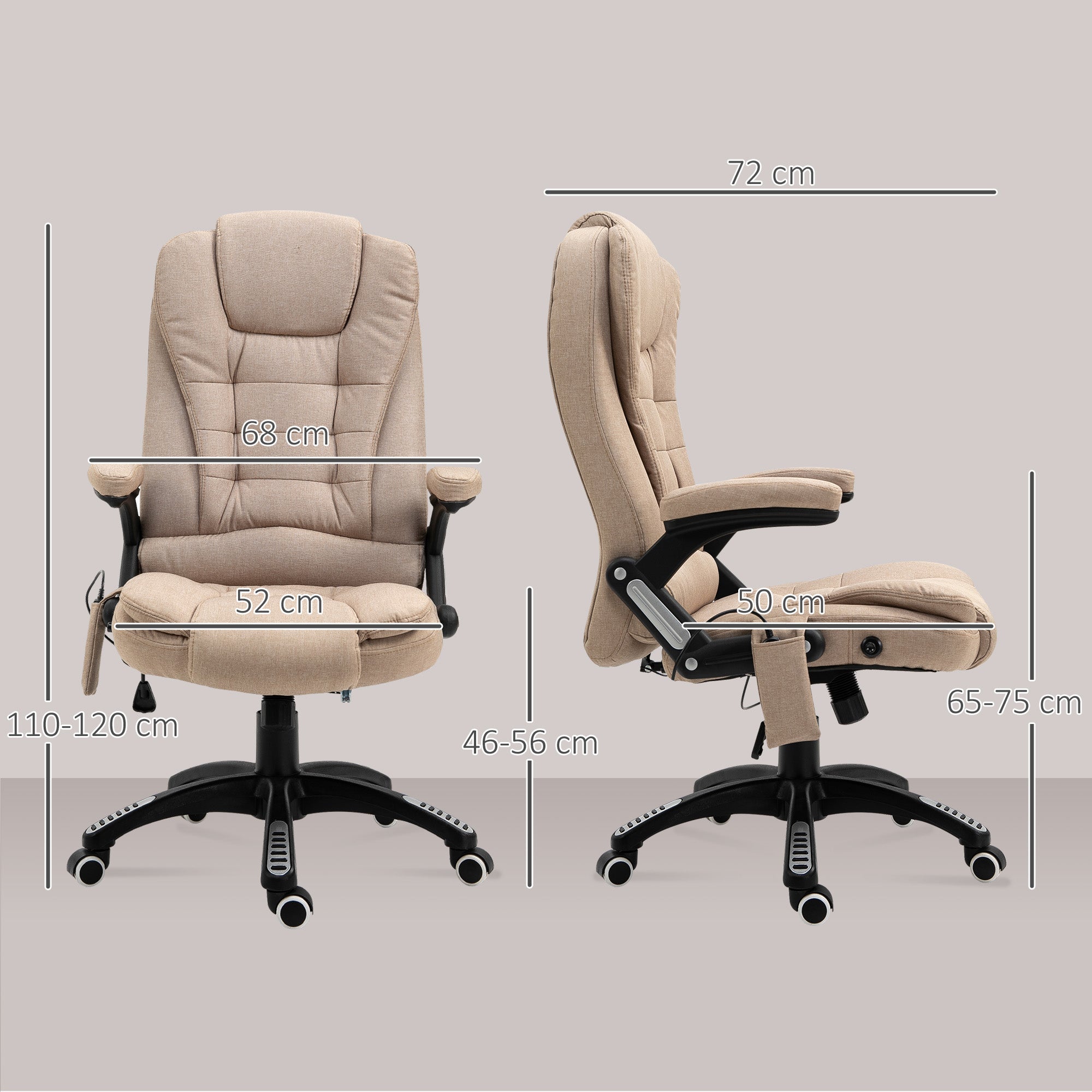 Fauteuil de bureau massant et chauffant, chaise de bureau, chaise ergonomique avec hauteur réglable, dossier inclinable et télécommande filaire, pivotant à 360° tissu en polyester beige