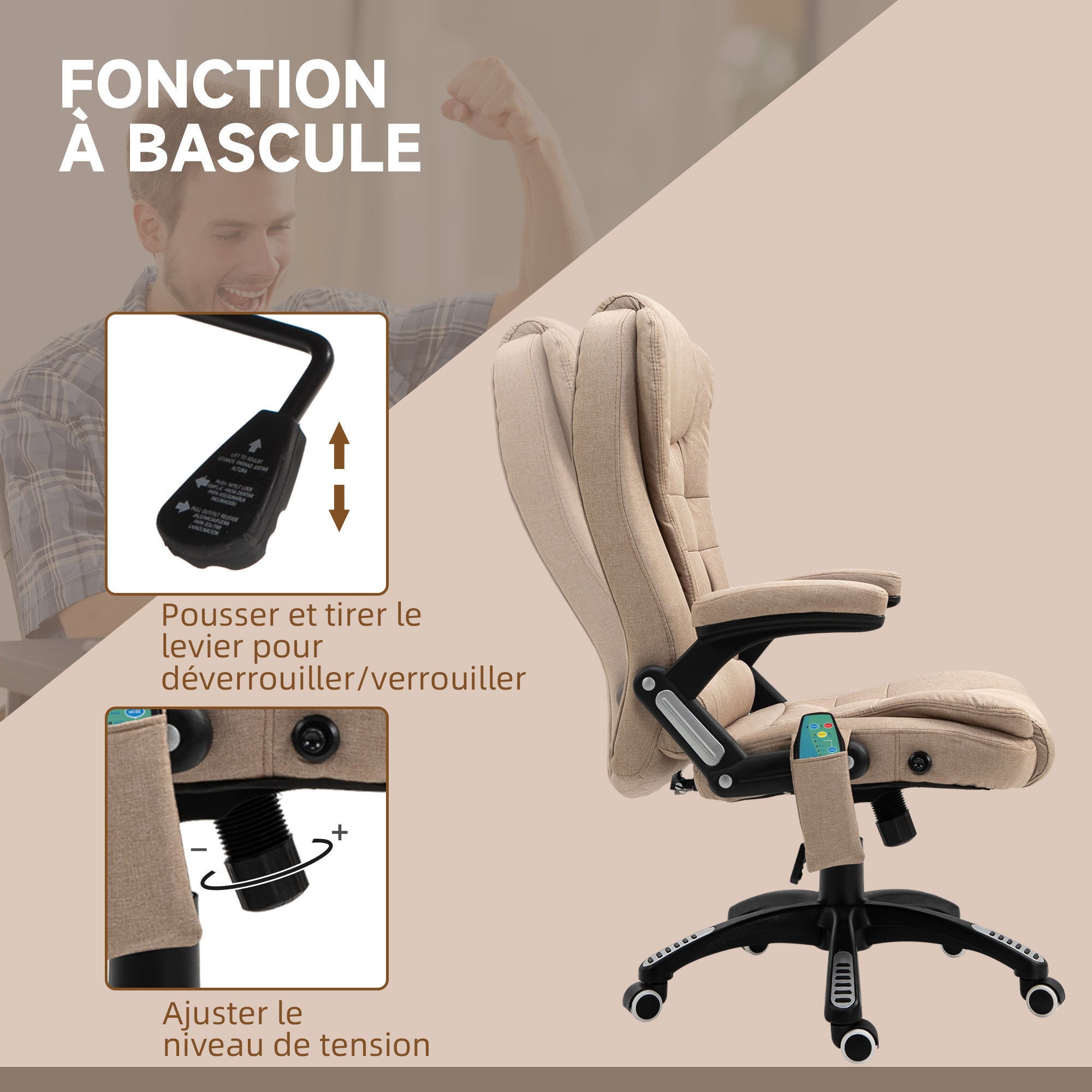 Fauteuil de bureau massant et chauffant, chaise de bureau, chaise ergonomique avec hauteur réglable, dossier inclinable et télécommande filaire, pivotant à 360° tissu en polyester beige
