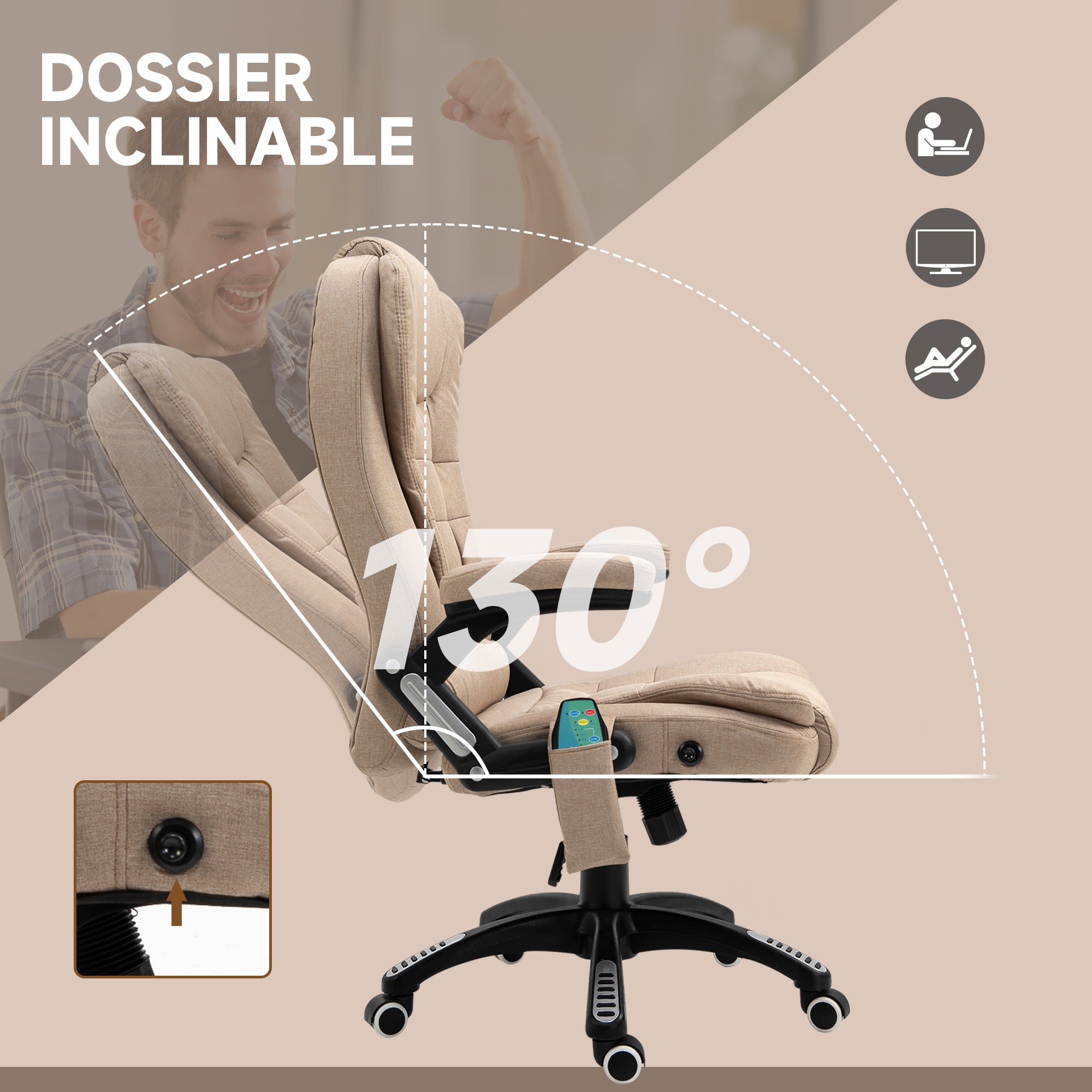 Fauteuil de bureau massant et chauffant, chaise de bureau, chaise ergonomique avec hauteur réglable, dossier inclinable et télécommande filaire, pivotant à 360° tissu en polyester beige