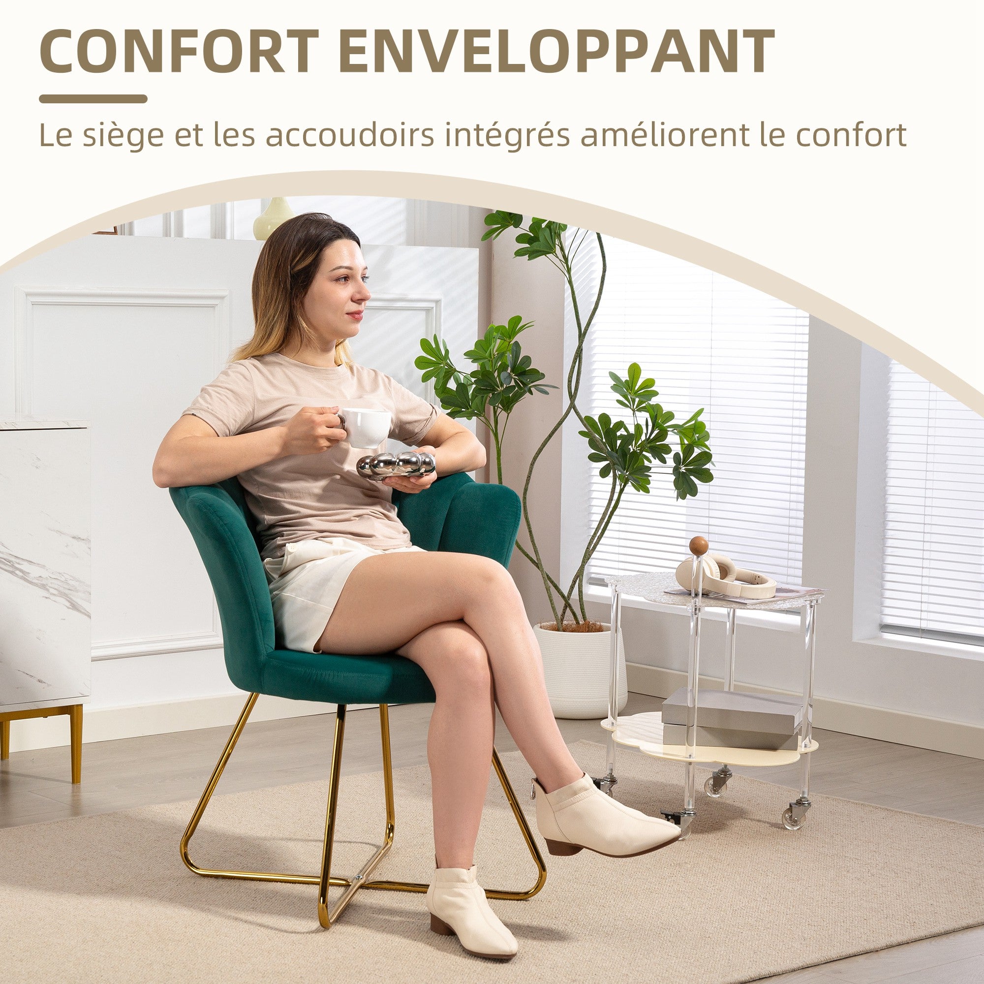 Fauteuil coquillage chaise coiffeuse fauteuil en velours fauteuil de salon avec pieds en acier pour salon et chambre 69 x 64 x 80 cm vert foncé