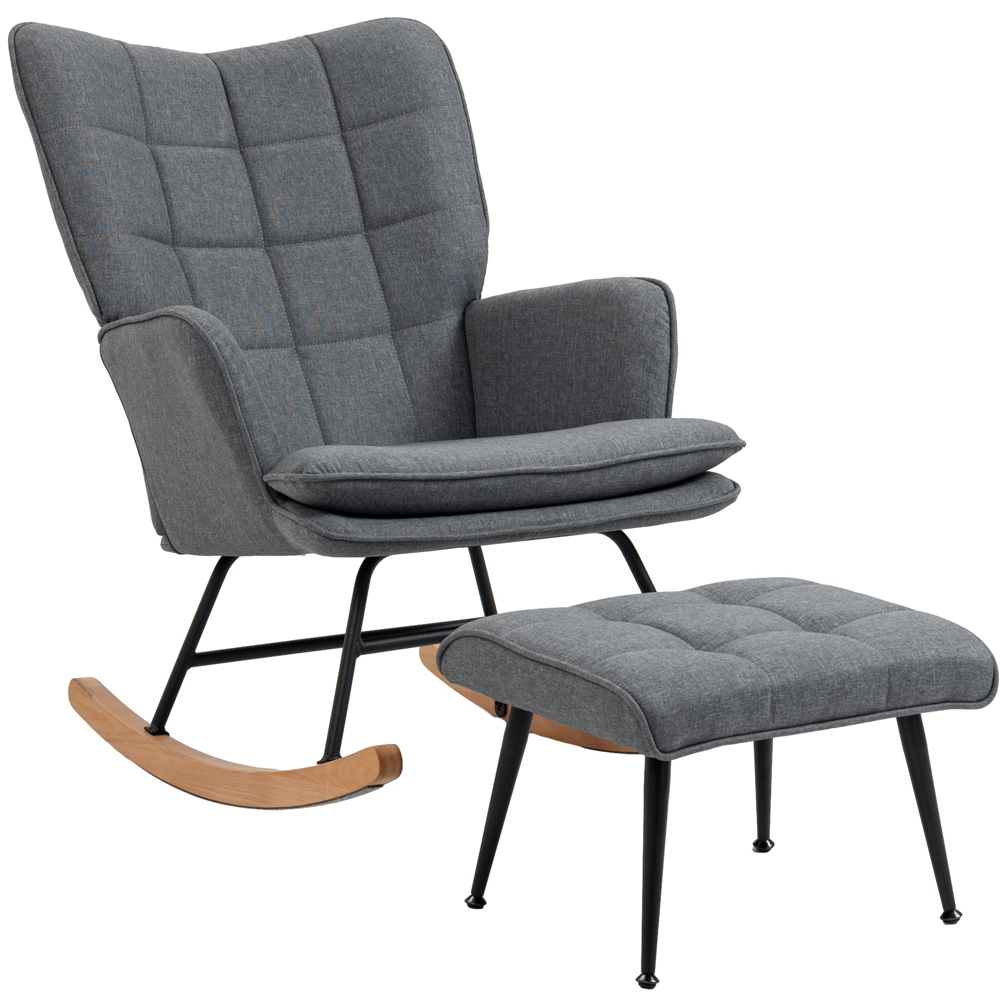 Fauteuil à bascule avec repose-pieds, rocking chair en tissu aspect lin, assise large, dossier haut, coussin inclus, chaise à bascule pour salon, chambre, gris