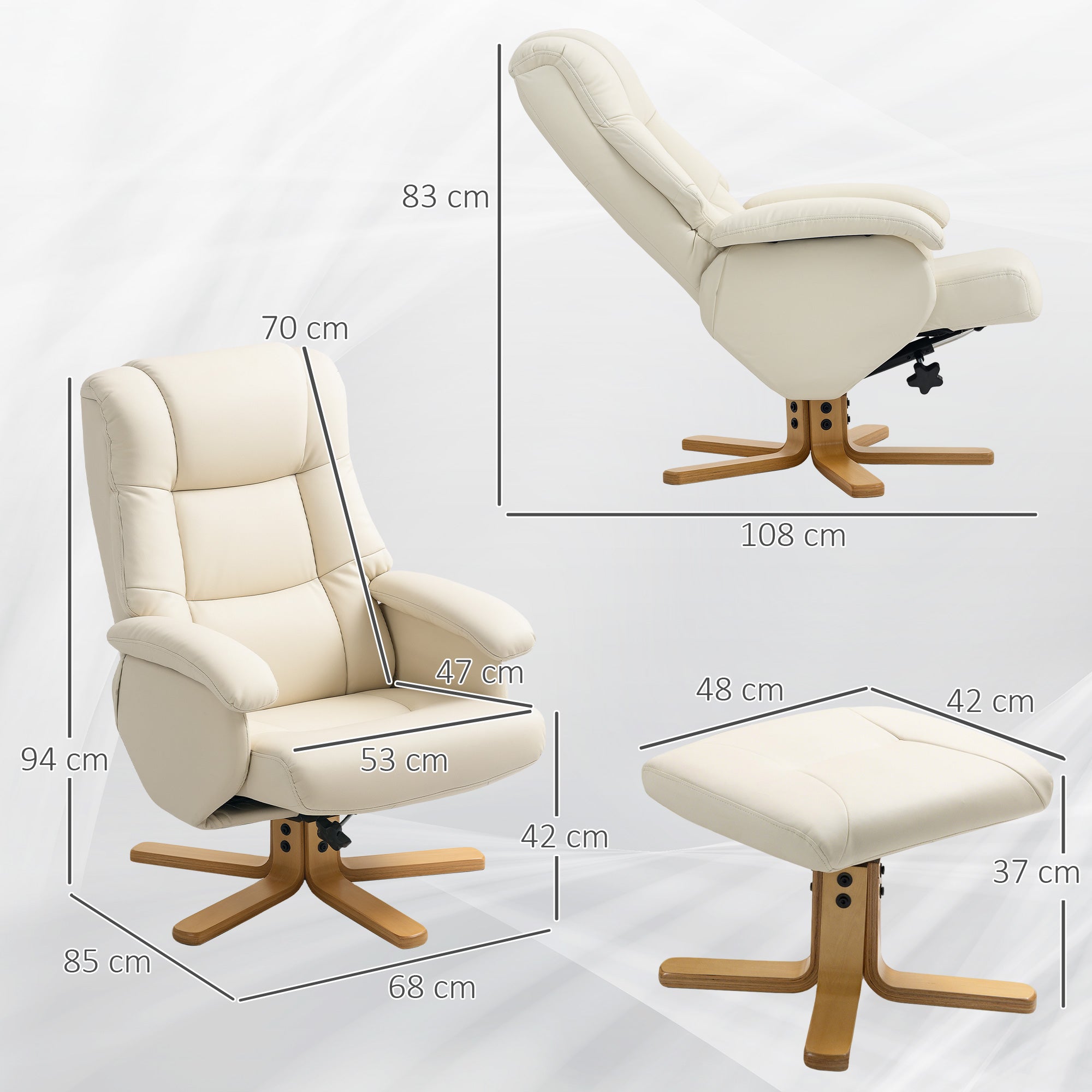 Fauteuil relax avec repose-pied fauteuil de relaxation chaise relaxant pivotant 360° et dossier inclinable chaise TV charge jusqu'à 120 Kg pour salon, chambre, bureau, crème