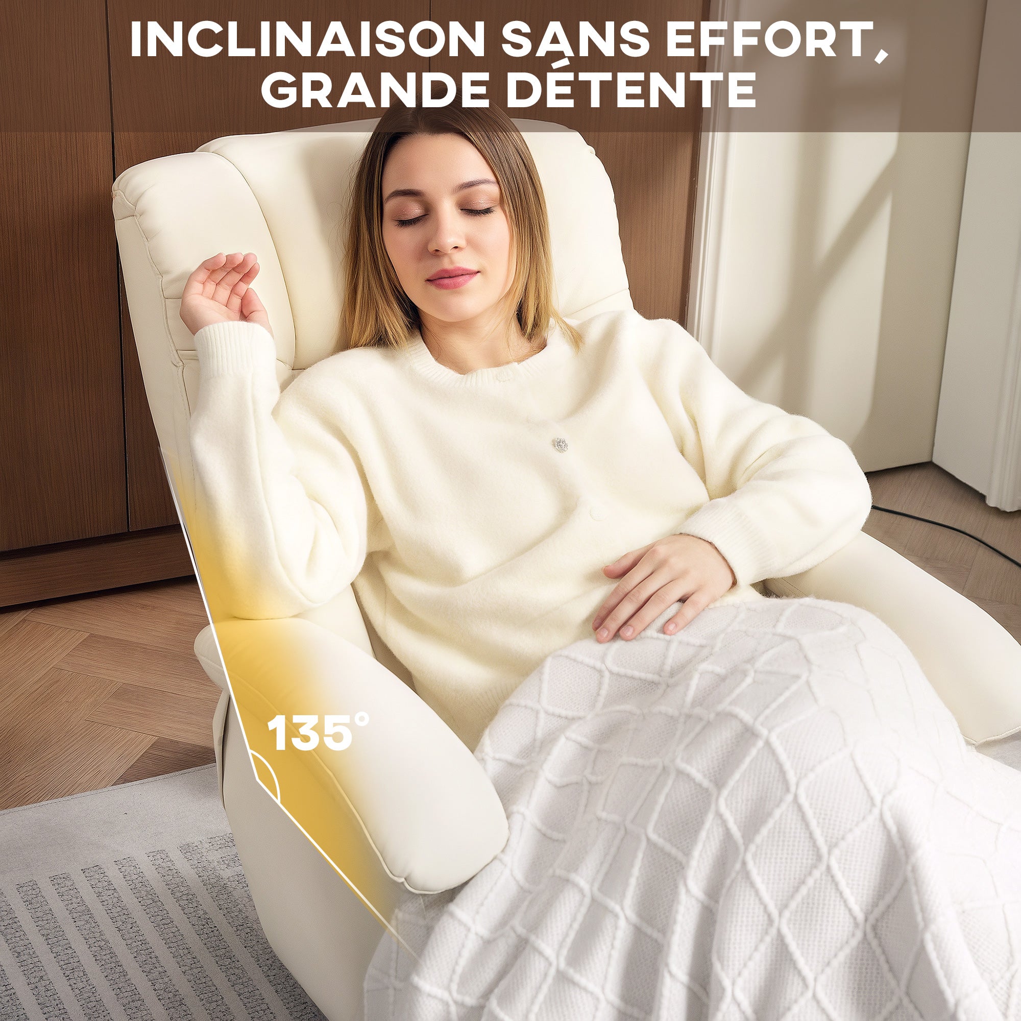 Fauteuil relax avec repose-pied fauteuil de relaxation chaise relaxant pivotant 360° et dossier inclinable chaise TV charge jusqu'à 120 Kg pour salon, chambre, bureau, crème