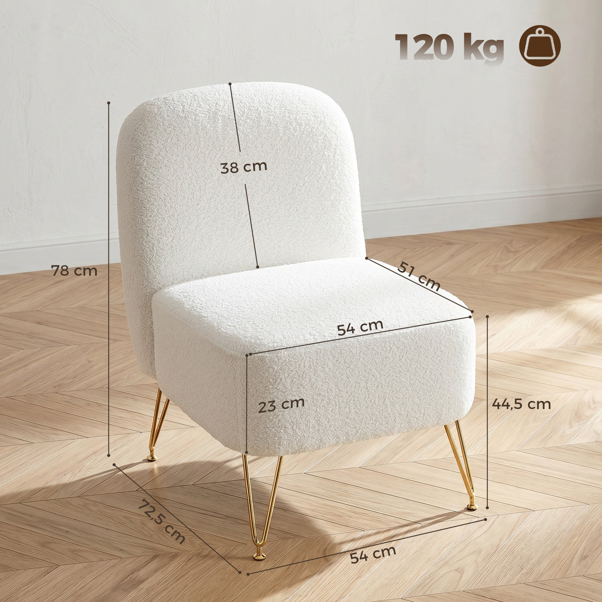 Fauteuil Salon Sans Accoudoirs, Fauteuil d'Appoint Rembourré en Tissu Bouclette, Coussin Épais, Assise Large, Pieds en Métal Doré, Style Moderne, Chaise de Salon, Chambre, Coins Lecture, Blanc