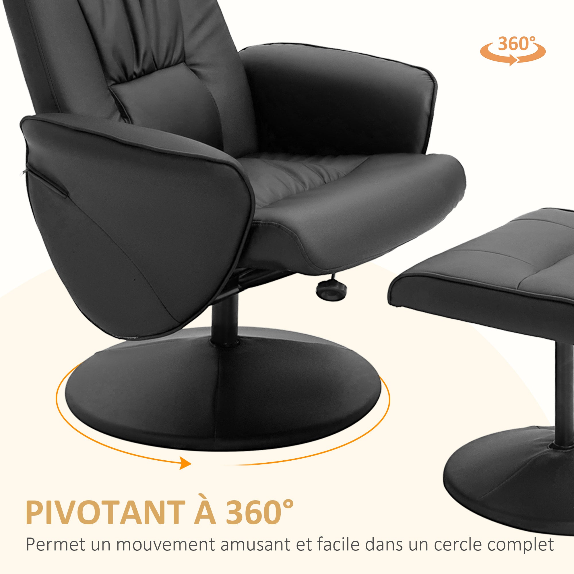 Fauteuil relax avec repose-pied fauteuil de relaxation relaxant pivotant 360° et dossier inclinable pour TV supportant jusqu'à 120 Kg revêtement synthétique métal noir