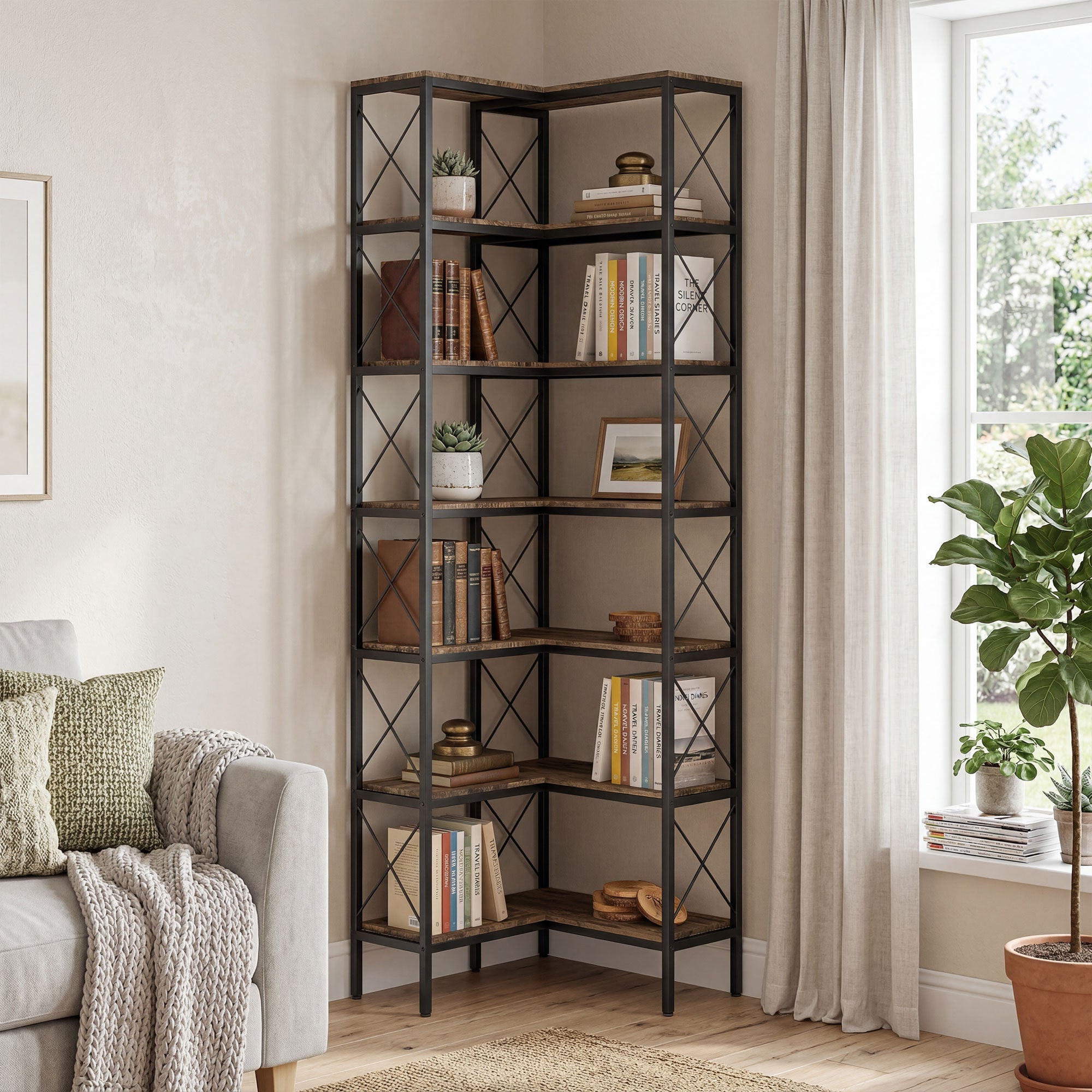 Bibliothèque d'angle à 6 niveaux, étagère à livres, meuble de rangement industriel pour salon, chambre, bureau, cadre en métal, 60 x 60 x 200 cm, brun rustique
