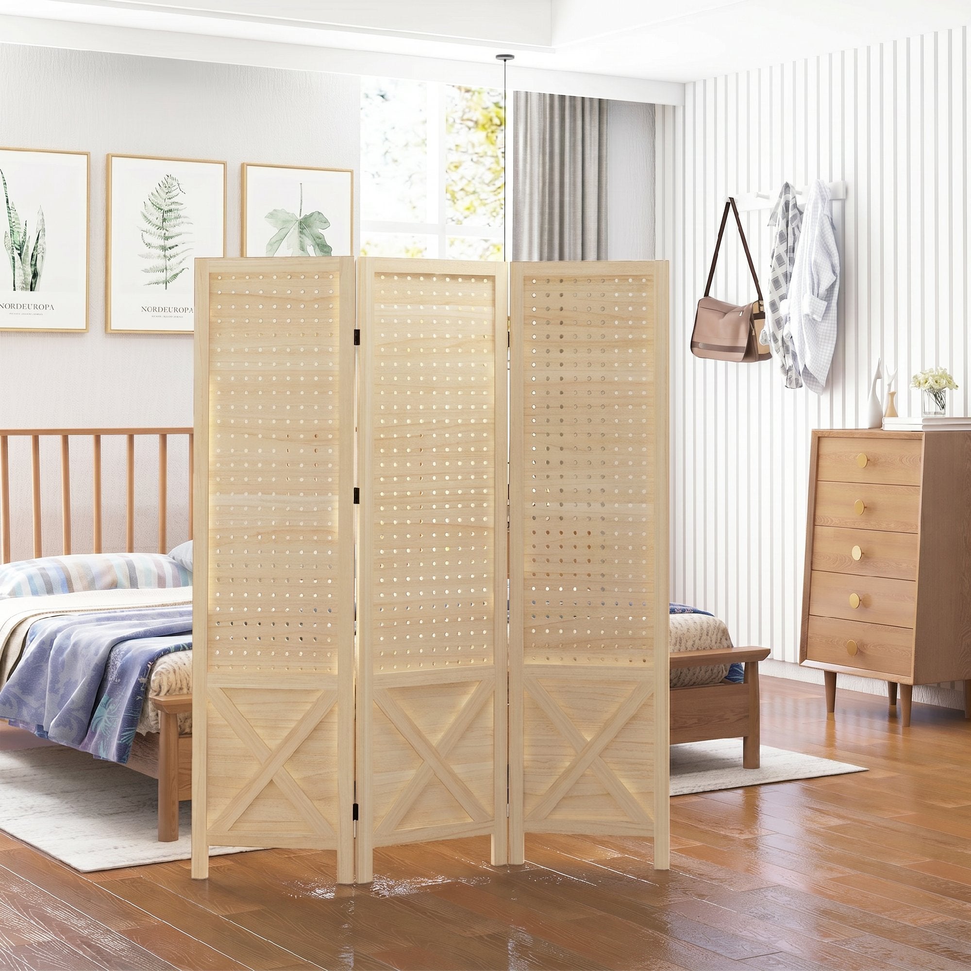 Paravent intérieur en bois, 3 panneaux, 114 x 144,5 cm, panneau perforé, séparateur de pièce pliable, Panneau perforé pour salon, chambre à coucher, maison, bois naturel