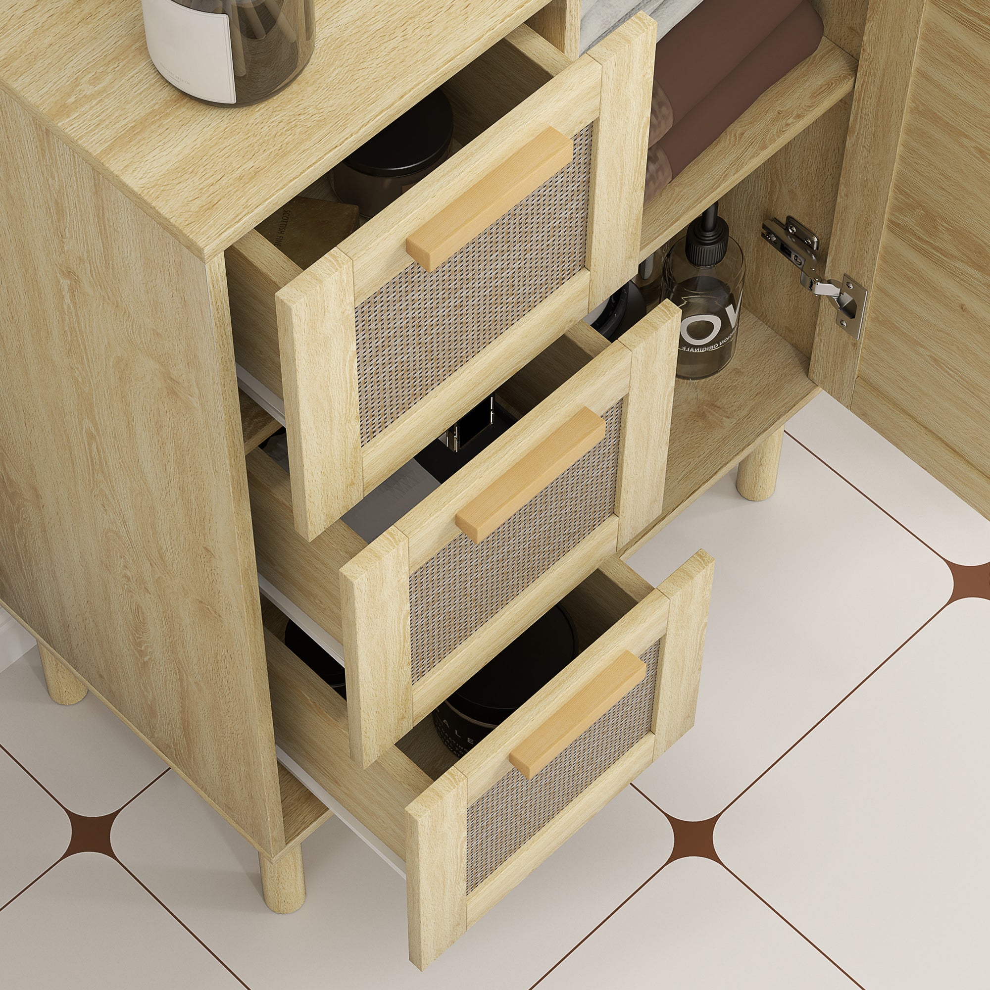 Meuble salle de bain rangement, meuble de rangement style bohème avec tiroir et placard, étagères réglables, porte à rotin, armoire pour salle de bain, salon, cuisine - 55 x 30 x 82 cm, chêne