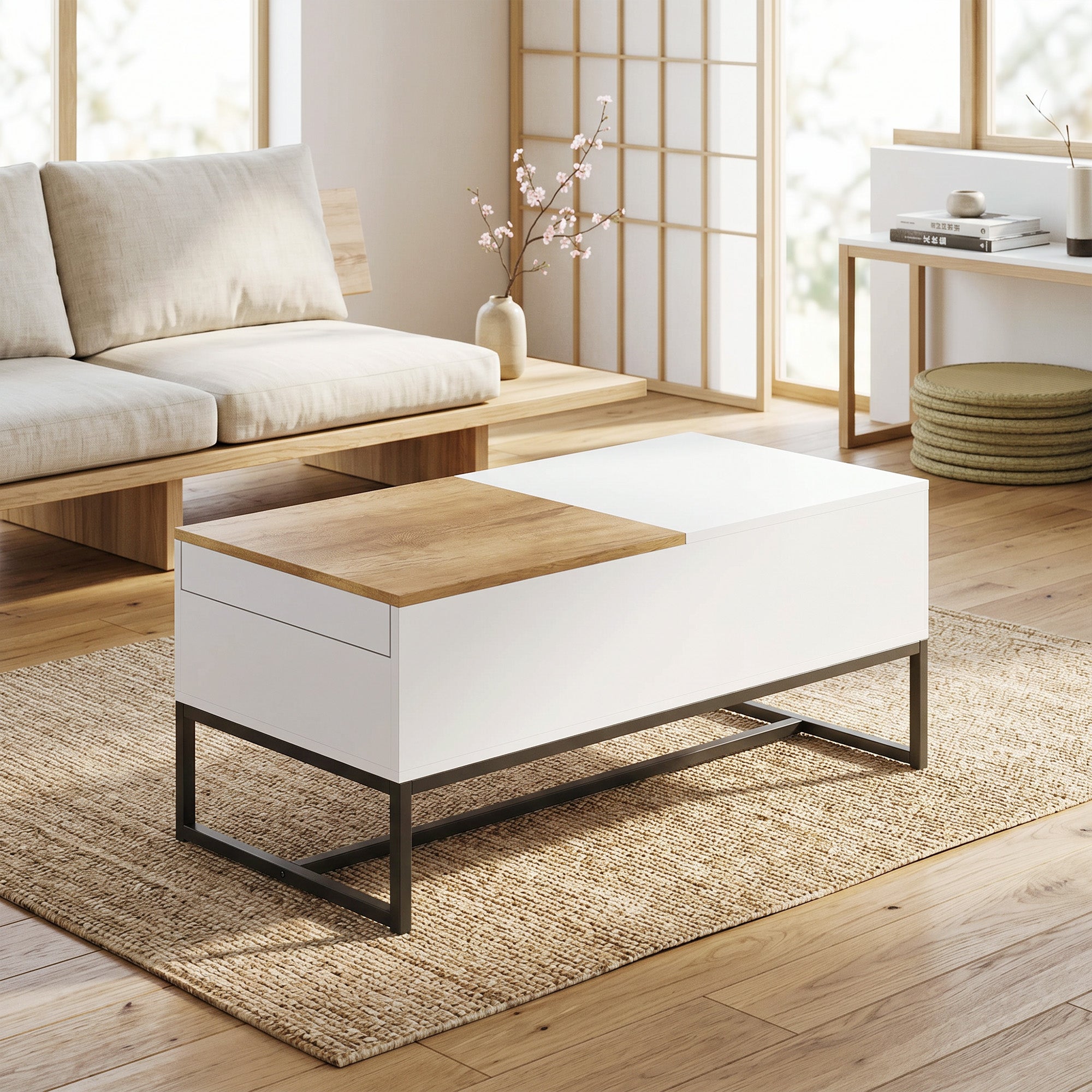 Table Basse Extensible avec Plateau Coulissant, Table de Salon avec Rangement Caché et Pieds en Acier, Style Moderne, pour Chambre, Séjour et Bureau, 100 x 50 x 45 cm, Blanc