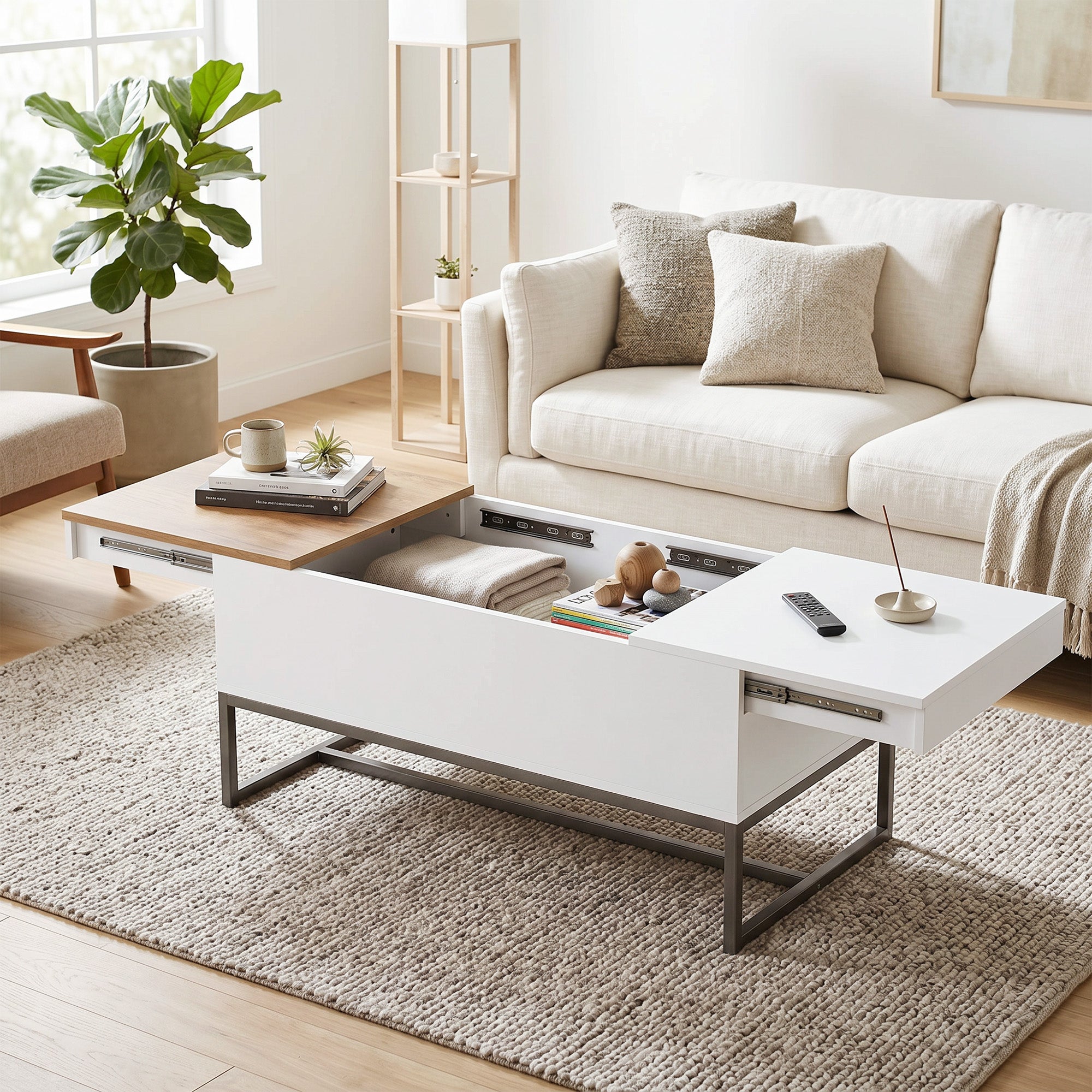 Table Basse Extensible avec Plateau Coulissant, Table de Salon avec Rangement Caché et Pieds en Acier, Style Moderne, pour Chambre, Séjour et Bureau, 100 x 50 x 45 cm, Blanc